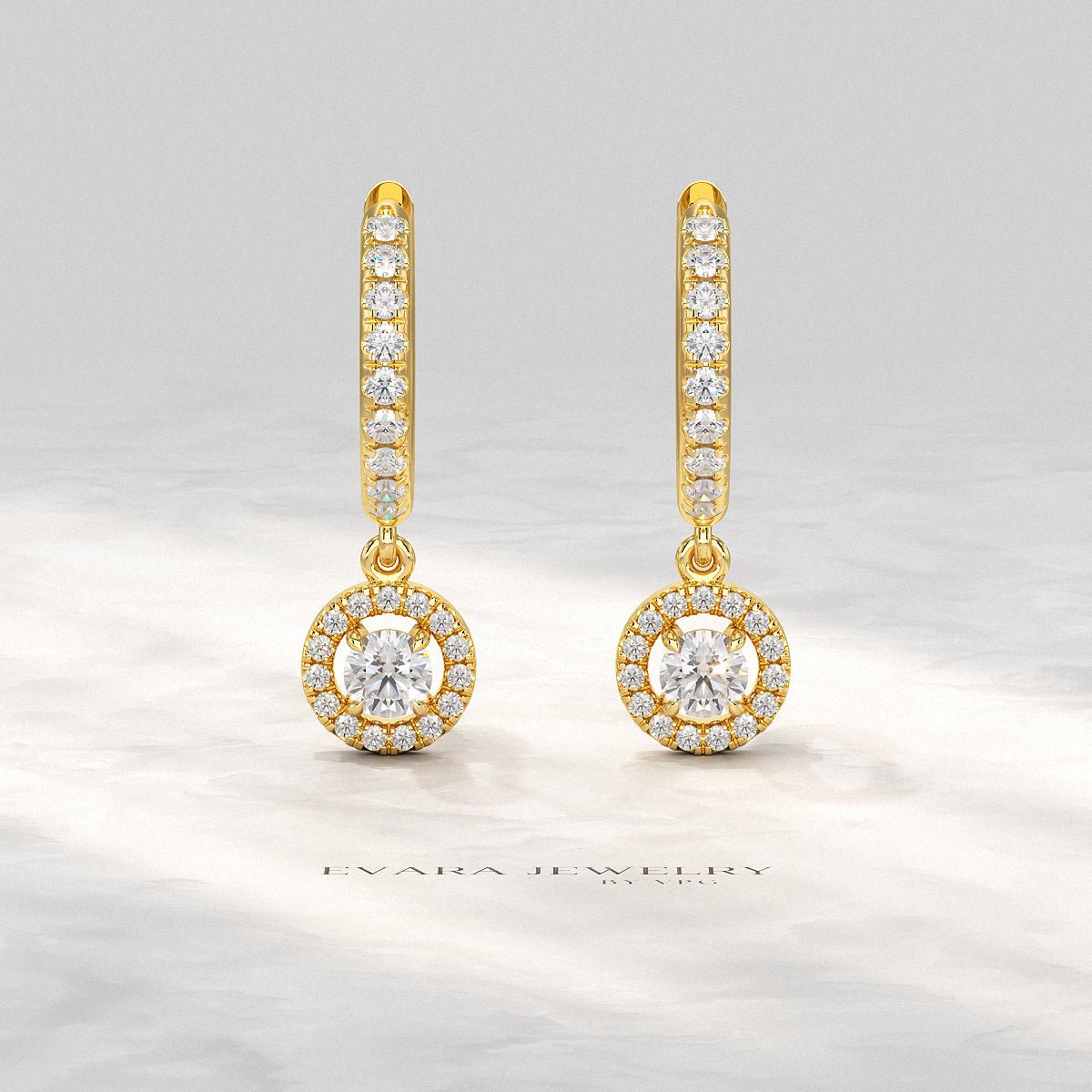 Round Cut Halo Drop Diamond Huggies Earrings