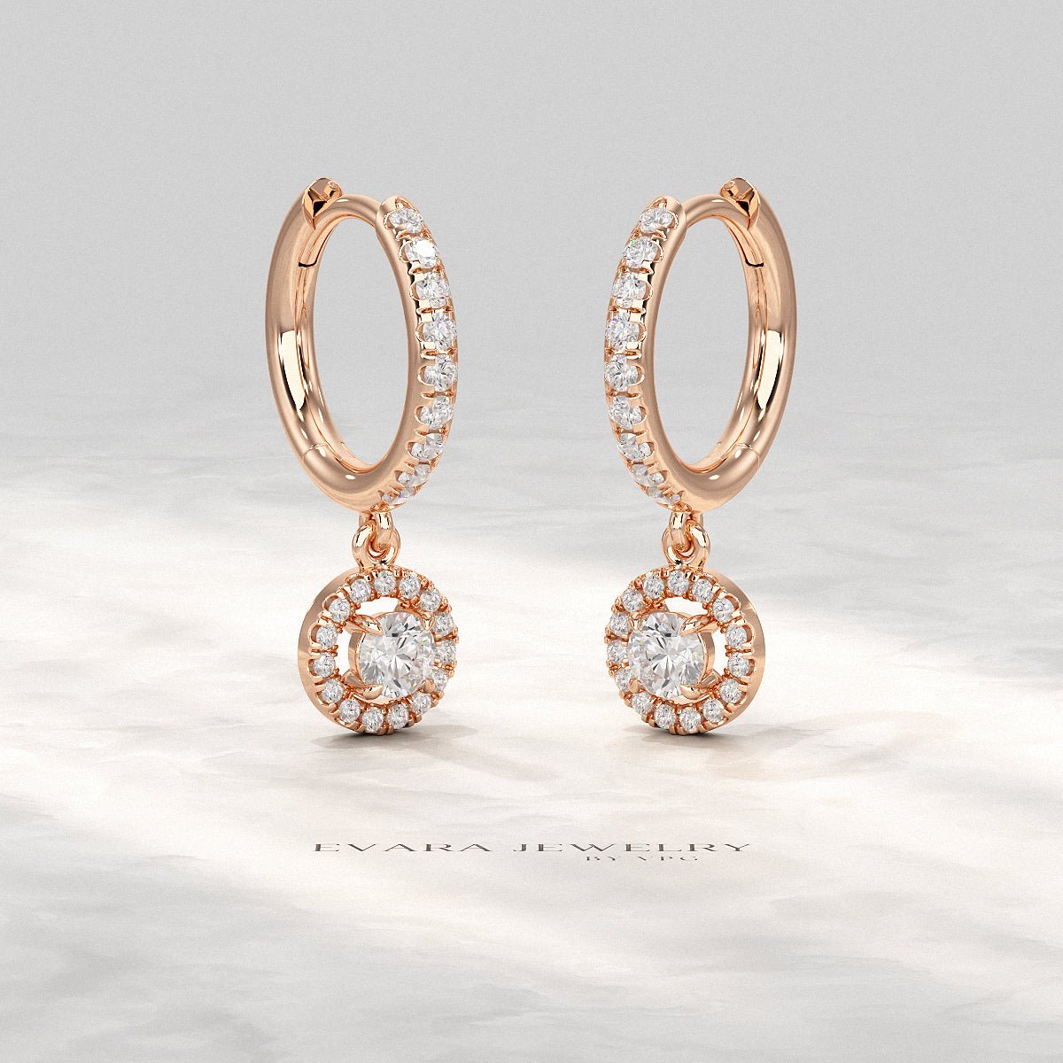 Round Cut Halo Drop Diamond Huggies Earrings