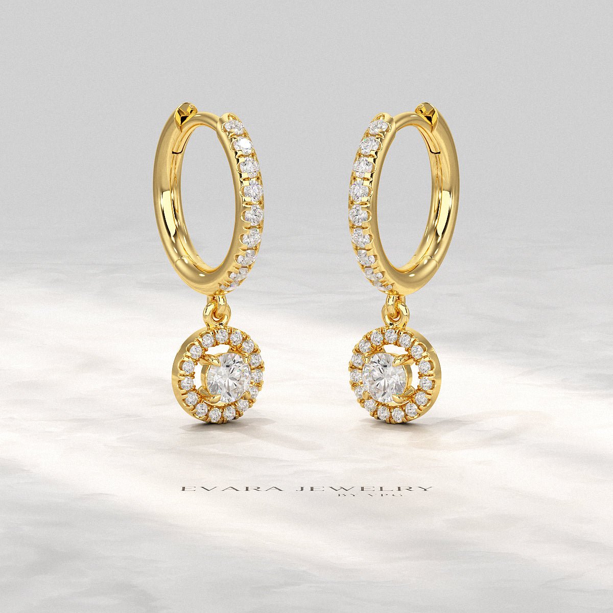 Round Cut Halo Drop Diamond Huggies Earrings