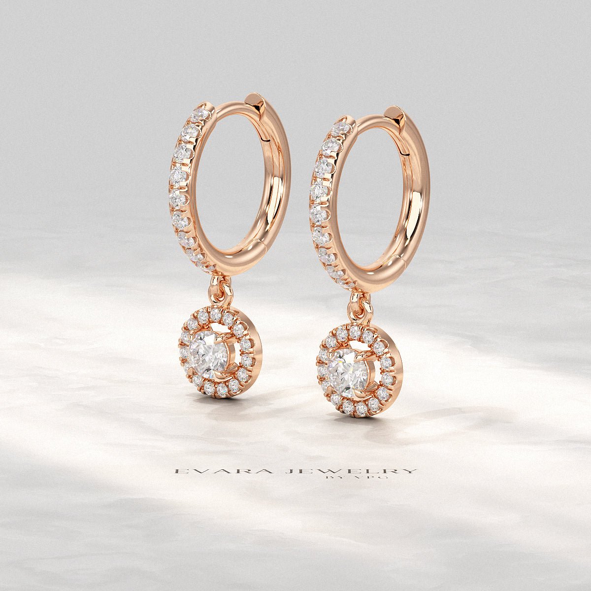 Round Cut Halo Drop Diamond Huggies Earrings