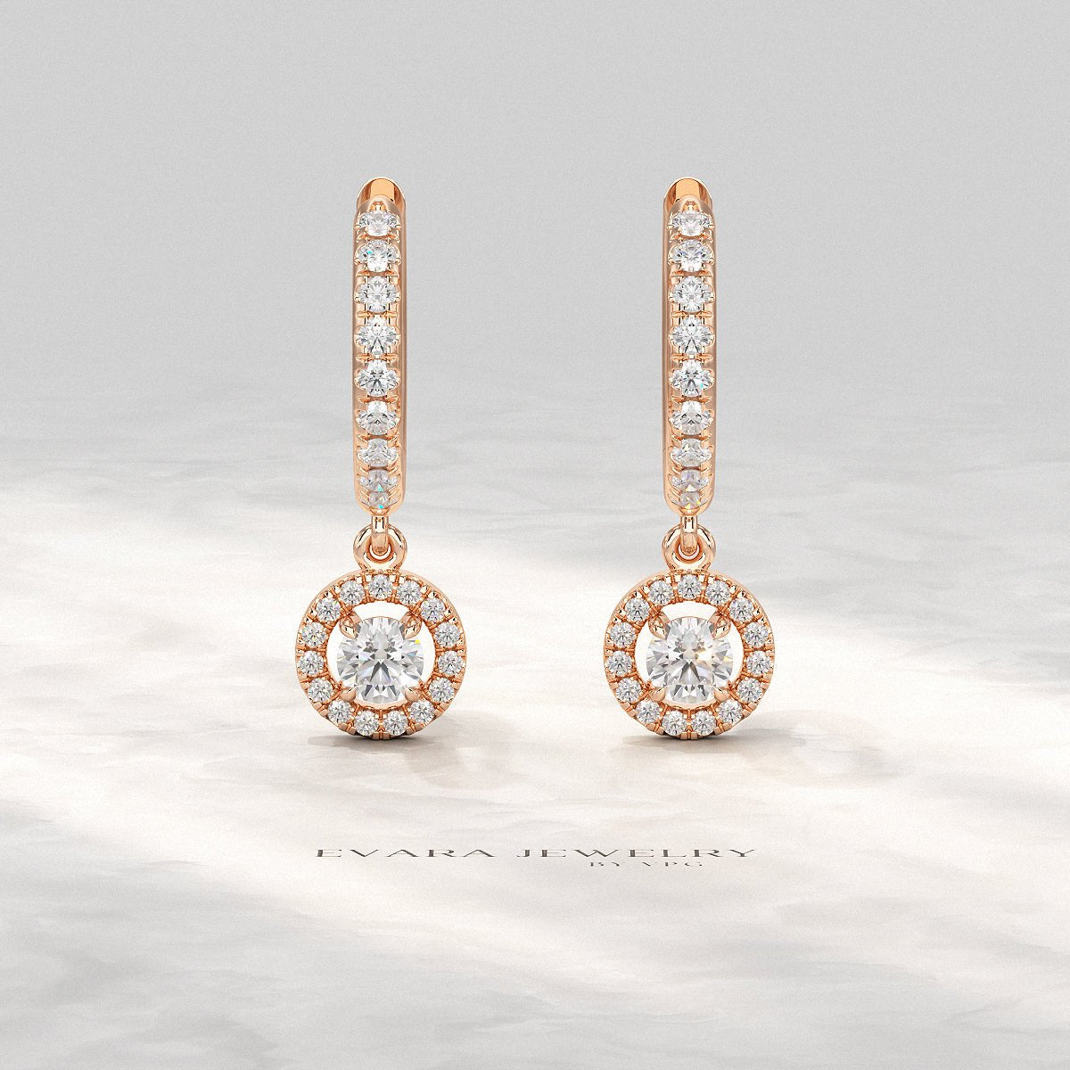 Round Cut Halo Drop Diamond Huggies Earrings