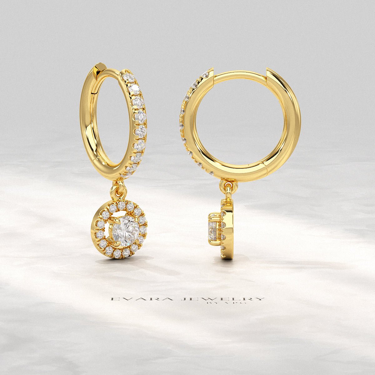 Round Cut Halo Drop Diamond Huggies Earrings