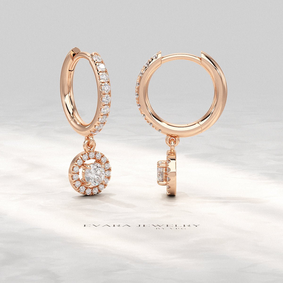 Round Cut Halo Drop Diamond Huggies Earrings