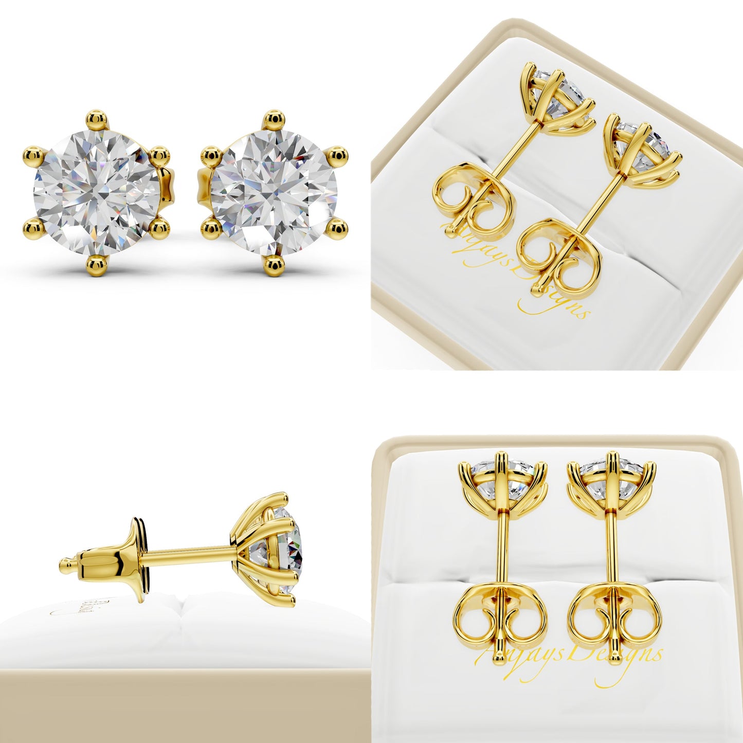 Lab Grown Diamond Stud Earrings 14k Solid Gold 6 Prong Diamond Earrings Women VS1 Clarity IGI Certified