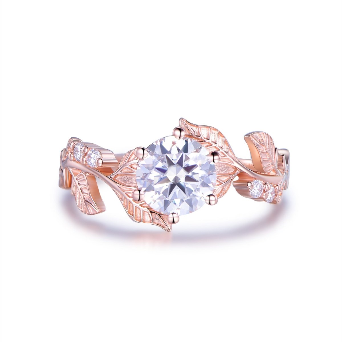 Round Moissanite Engagement Leaf Ring 14K Gold