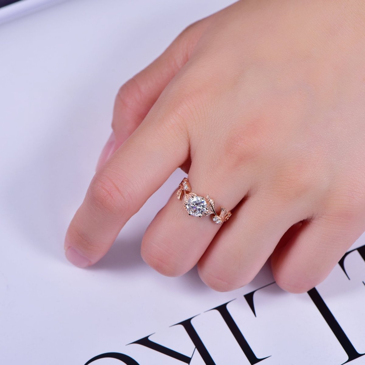Round Moissanite Engagement Leaf Ring 14K Gold