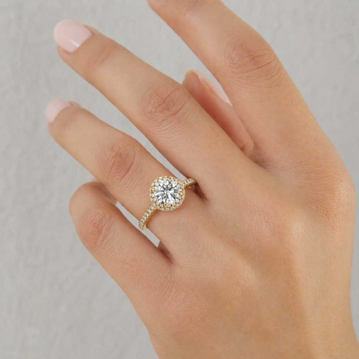 Round Cut Lab Grown Diamond Halo Engagement Ring in 14K Yellow Gold