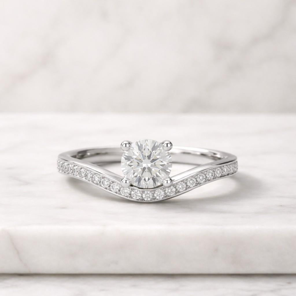 Round Cut Lab Grown Diamond Chevron Engagement Ring in 14K Yellow Gold