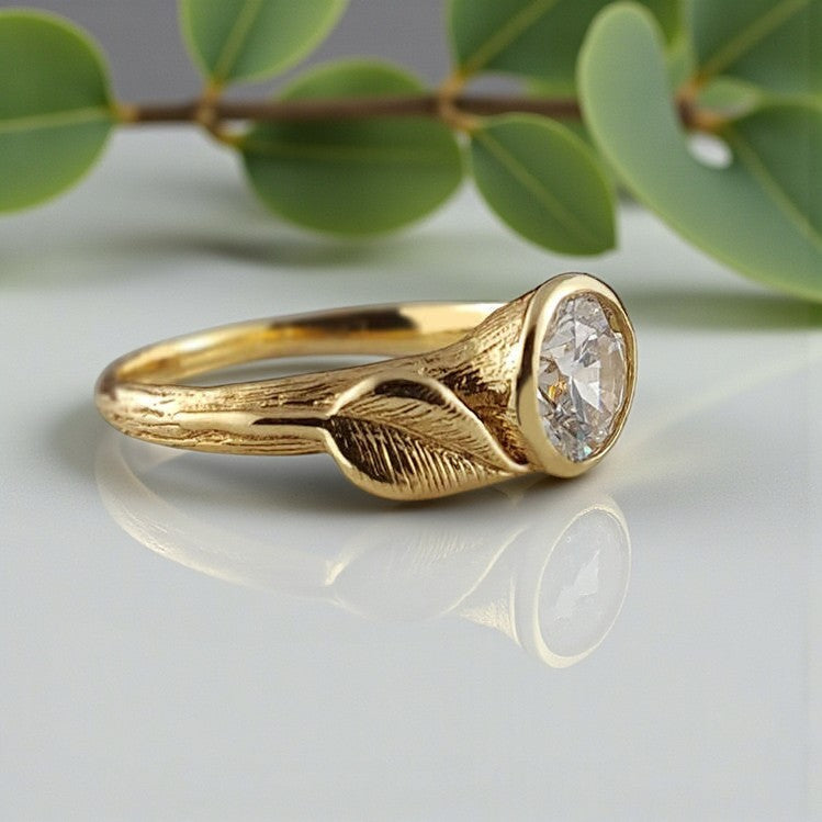 Round 1ct Moissanite Engagement Ring: Hand-sculpted Leaf Setting in Solid Gold