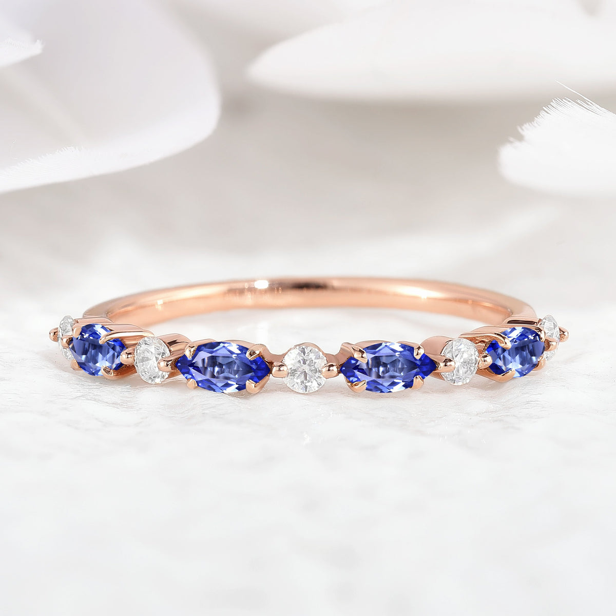Marquise Cut Blue Sapphire & Round Moissanite Straight Wedding Band
