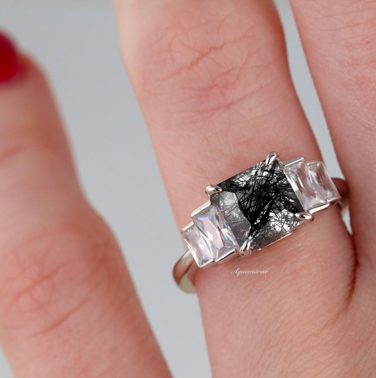 Art Deco Rutilated Quartz Engagement Ring in Sterling Silver