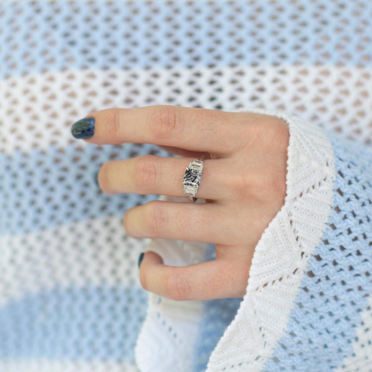 Art Deco Rutilated Quartz Engagement Ring in Sterling Silver