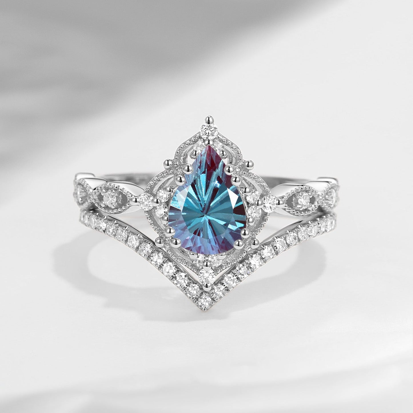 Vintage Inspired Firework Cut Pear Lab Alexandrite Antique Engagement Ring Set 2pcs - Evelyn