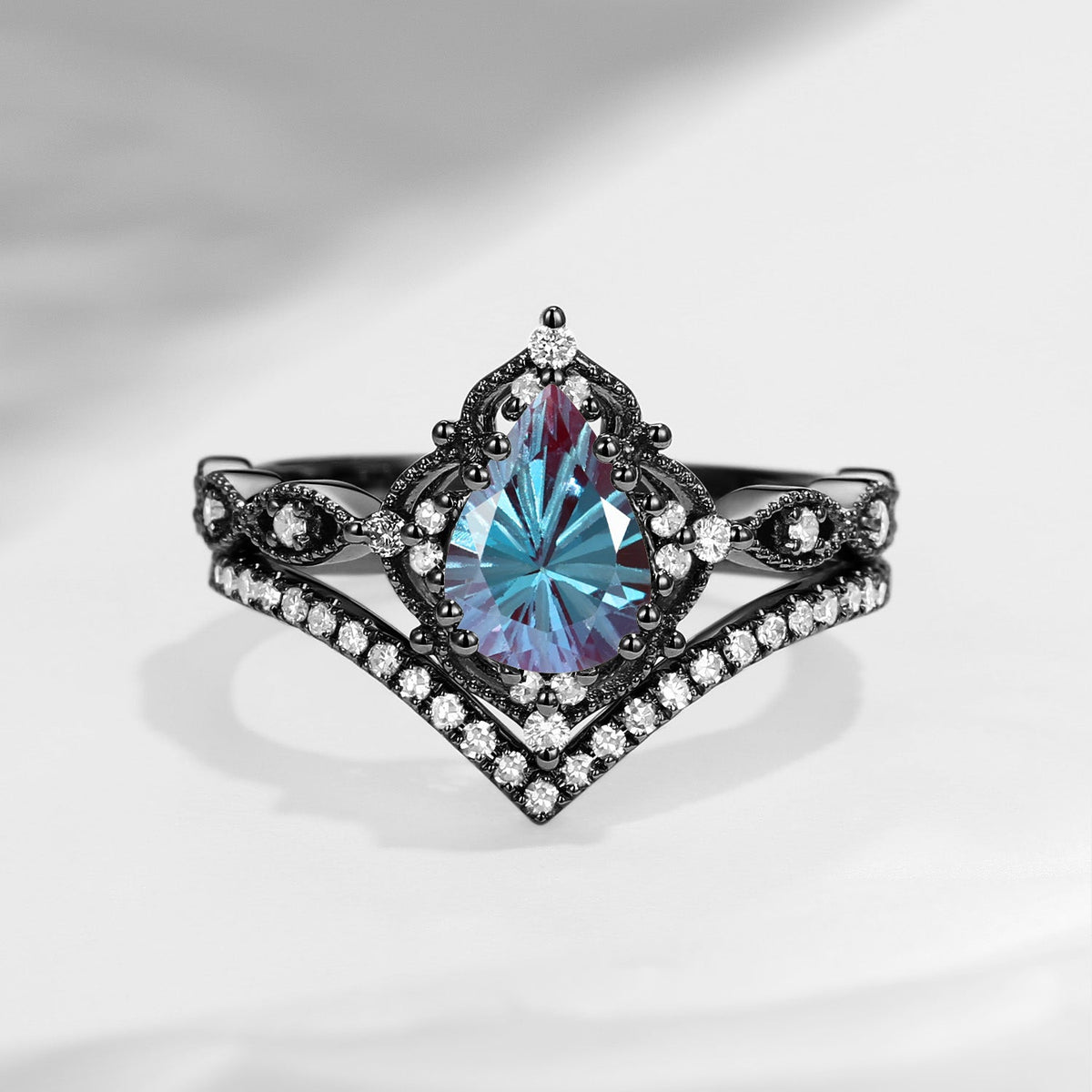 Vintage Inspired Firework Cut Pear Lab Alexandrite Antique Engagement Ring Set 2pcs - Evelyn