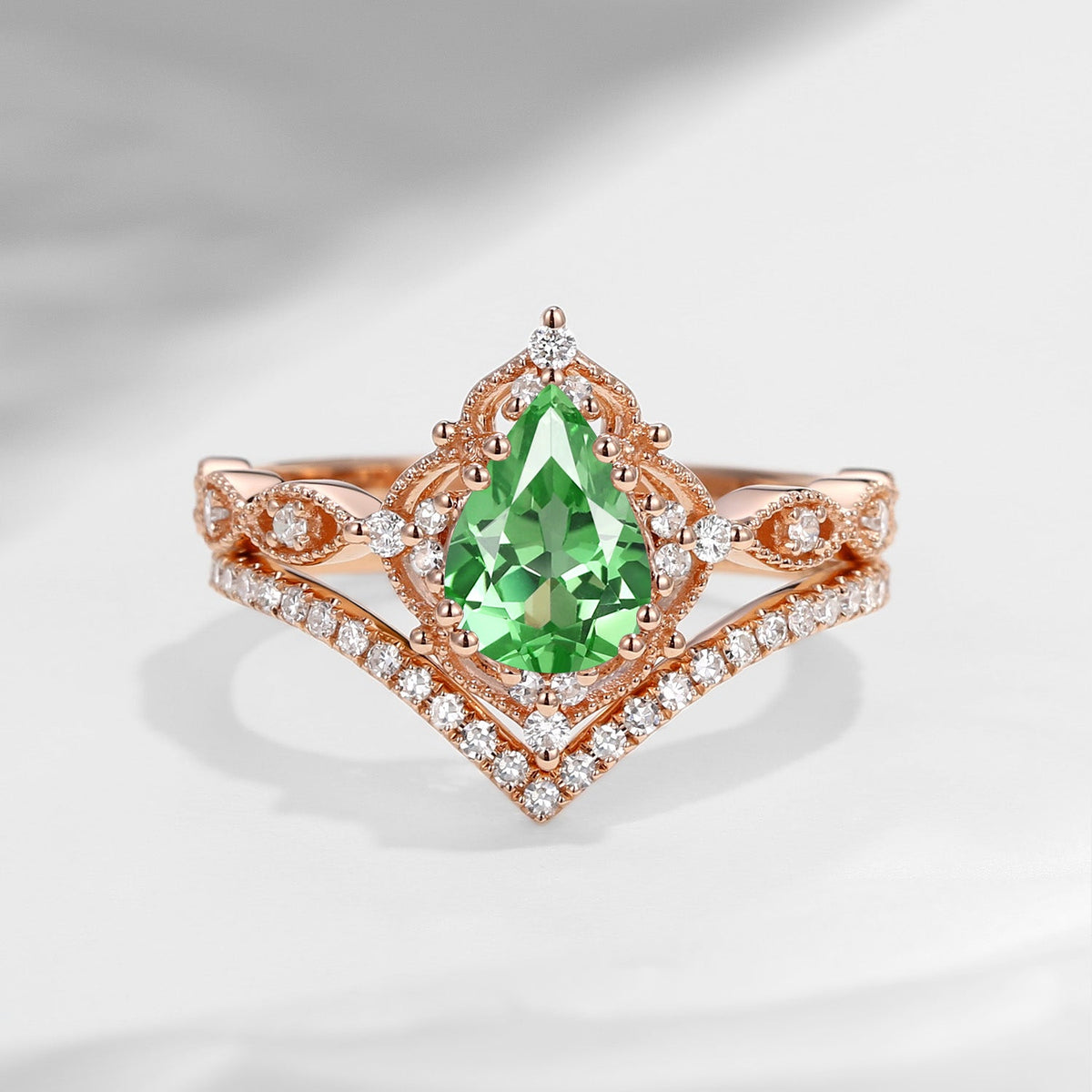 1.5ct Pear Shaped Lab Tsavorite Engagement Ring Set 2pcs - Evelyn