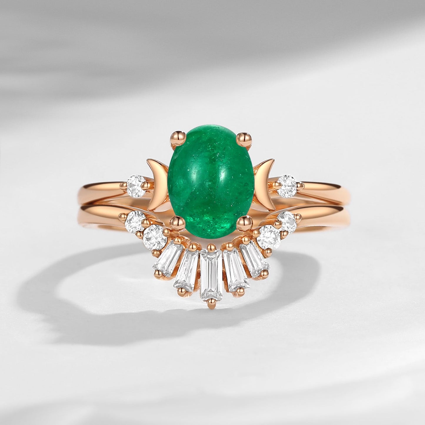 Pure Moon | Fancy Oval Cut Natural Emerald Engagement Ring Set 2pcs
