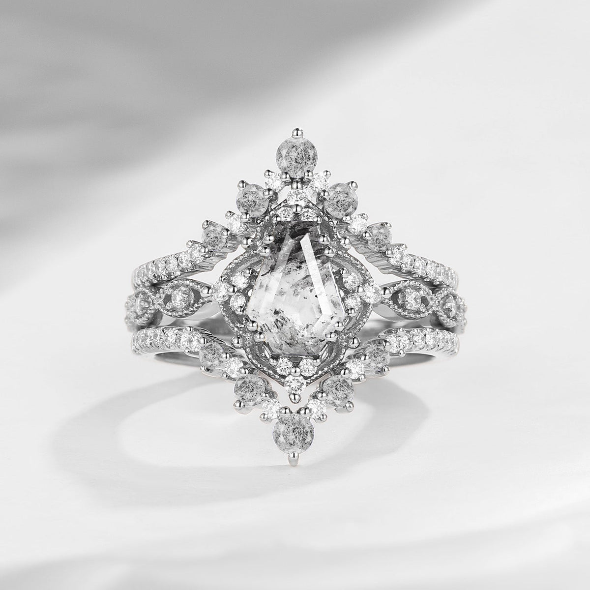 Vintage Inspired Coffin Cut Herkimer Diamond Engagement Ring Bridal Set 3pcs