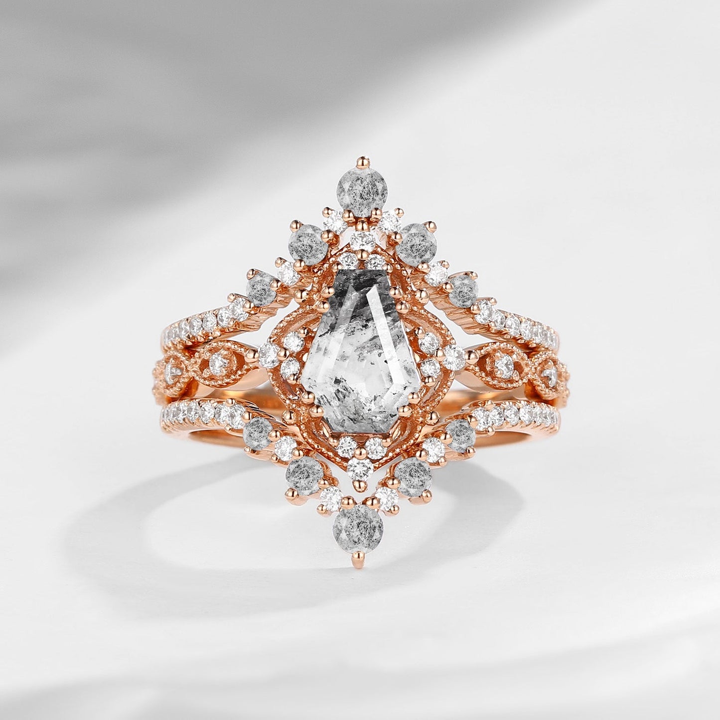Vintage Inspired Coffin Cut Herkimer Diamond Engagement Ring Bridal Set 3pcs
