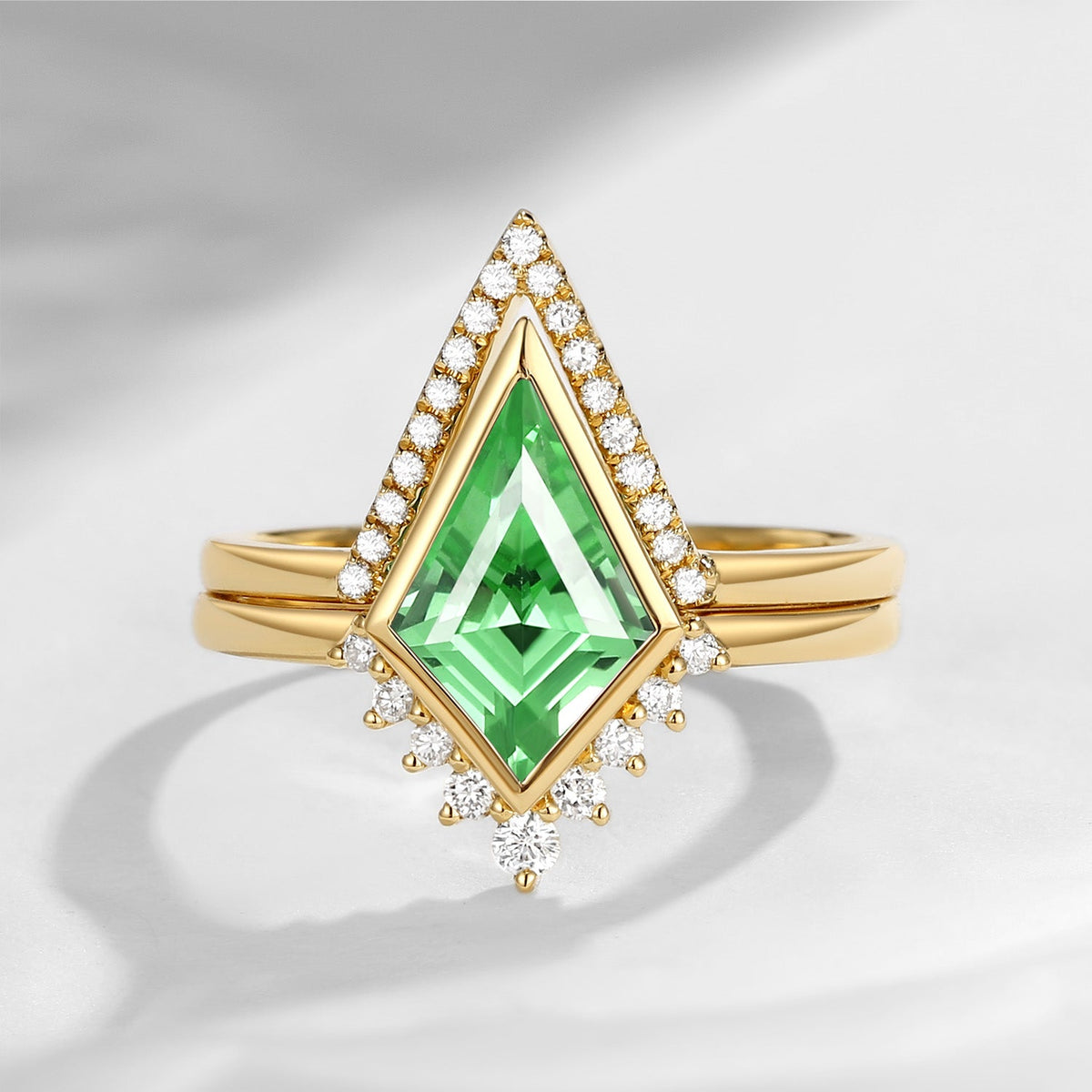 18K Art Deco Kite Cut Lab Tsavorite Bezel Engagement Ring Set 2pcs - Statement