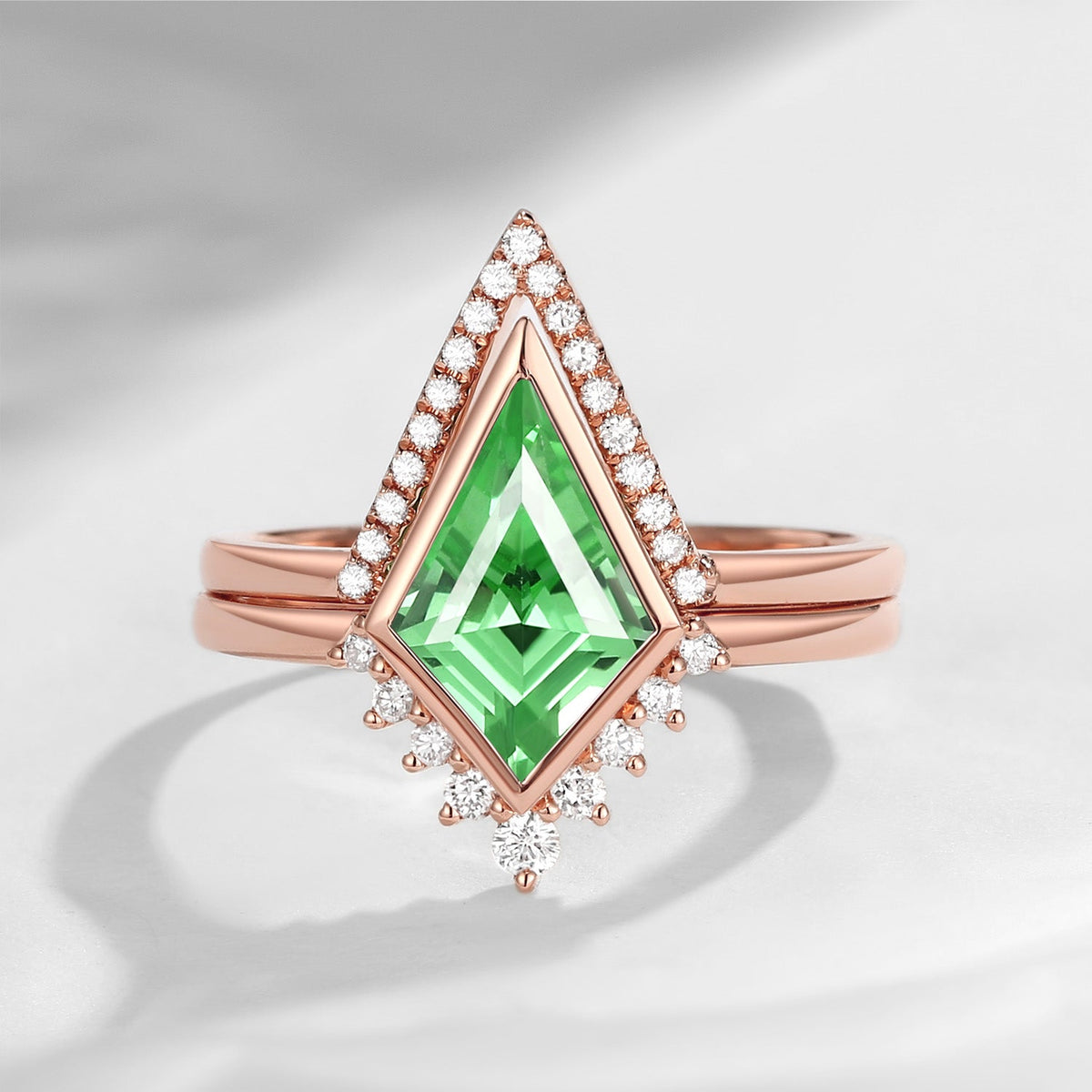 18K Art Deco Kite Cut Lab Tsavorite Bezel Engagement Ring Set 2pcs - Statement