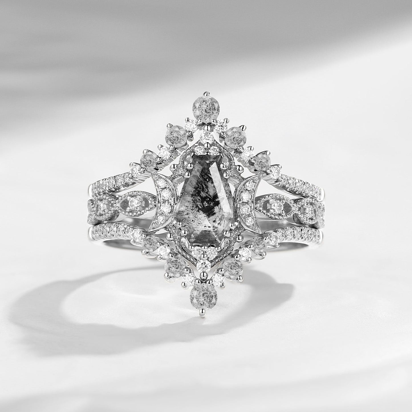 Crescent Moon | Coffin Cut Herkimer Diamond Ring 3pcs 18k - Till Death Do Us Part