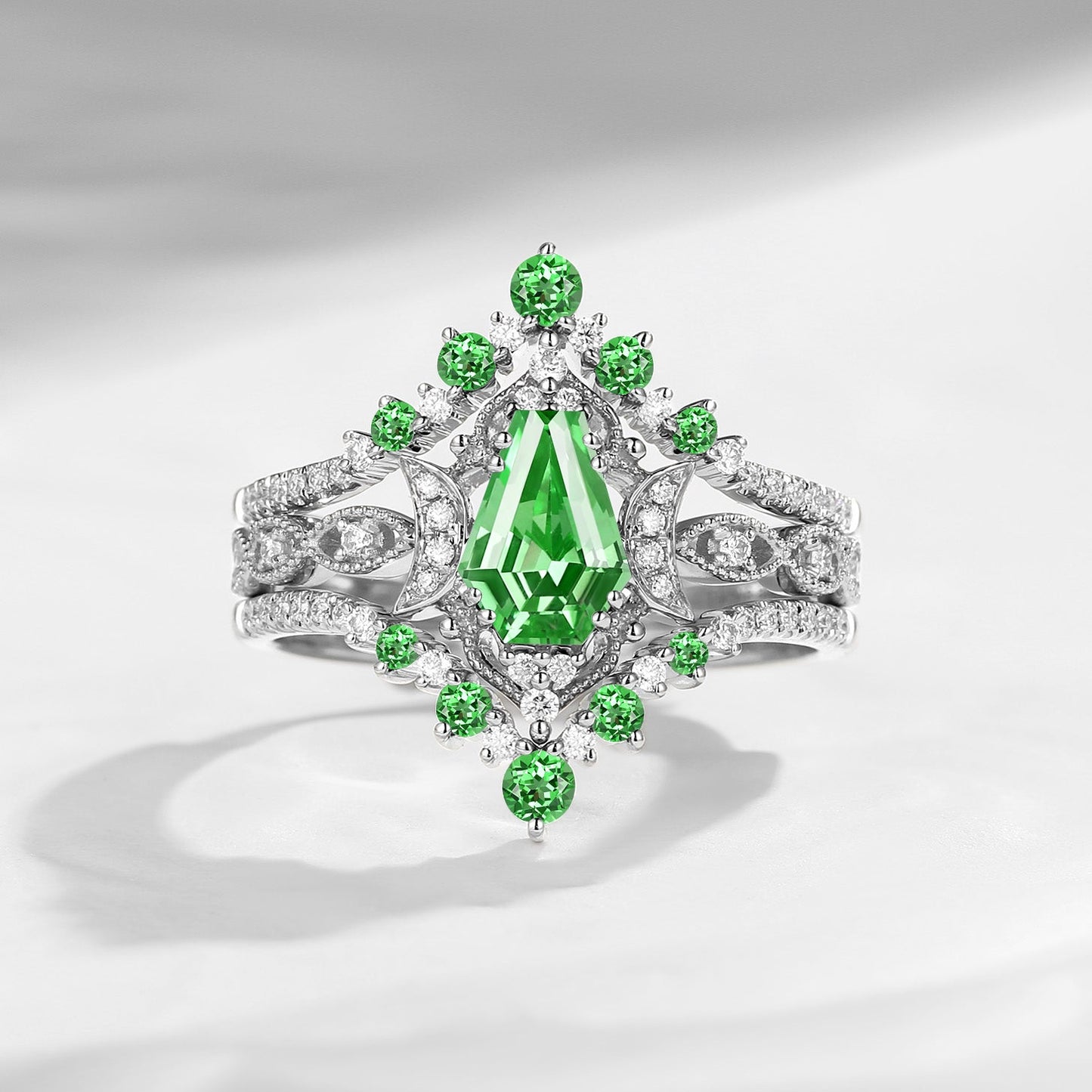 Crescent Moon | Coffin Cut Lab Tsavorite Engagement Ring Set 3pcs 18k - Till Death Do Us Part