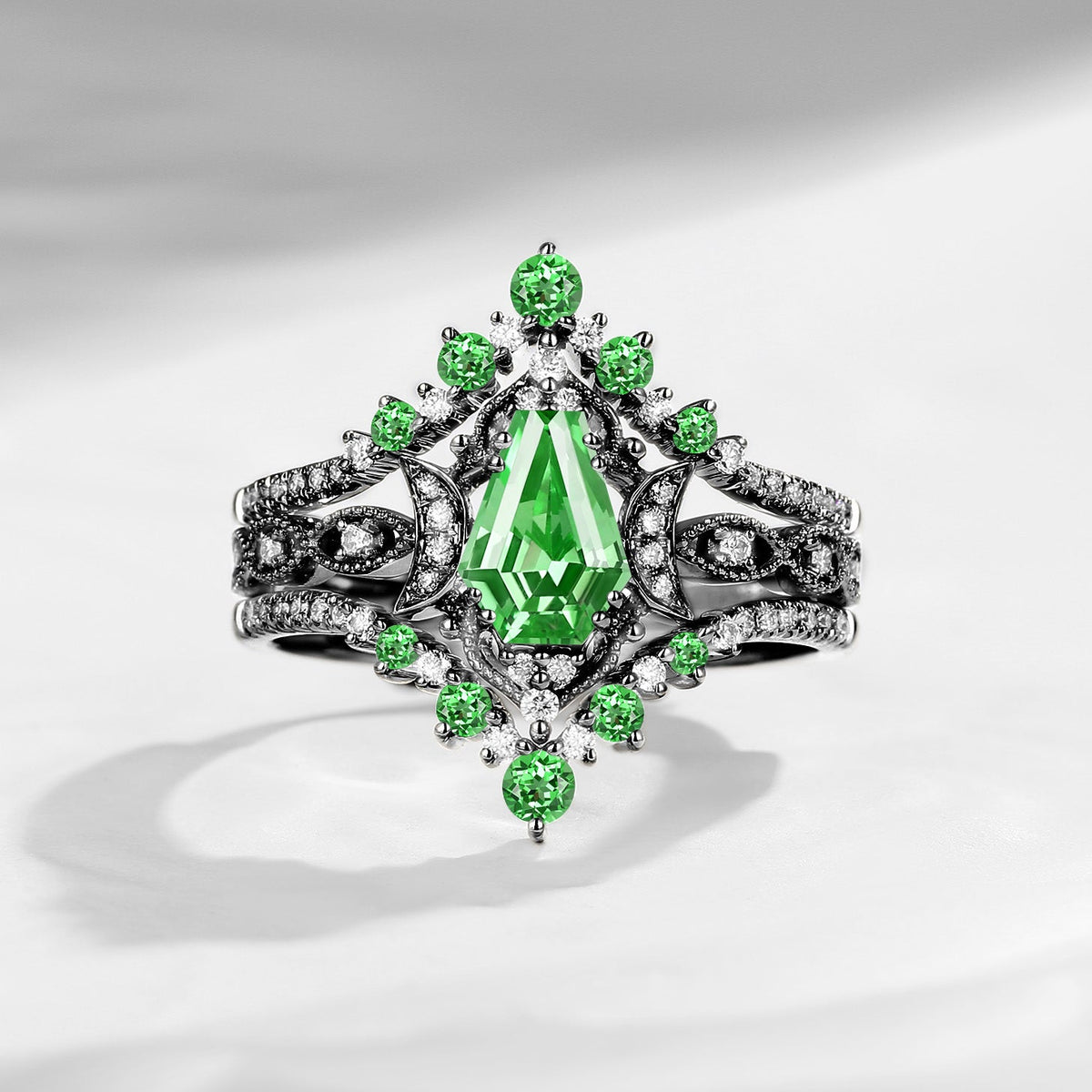 Crescent Moon | Coffin Cut Lab Tsavorite Engagement Ring Set 3pcs 18k - Till Death Do Us Part