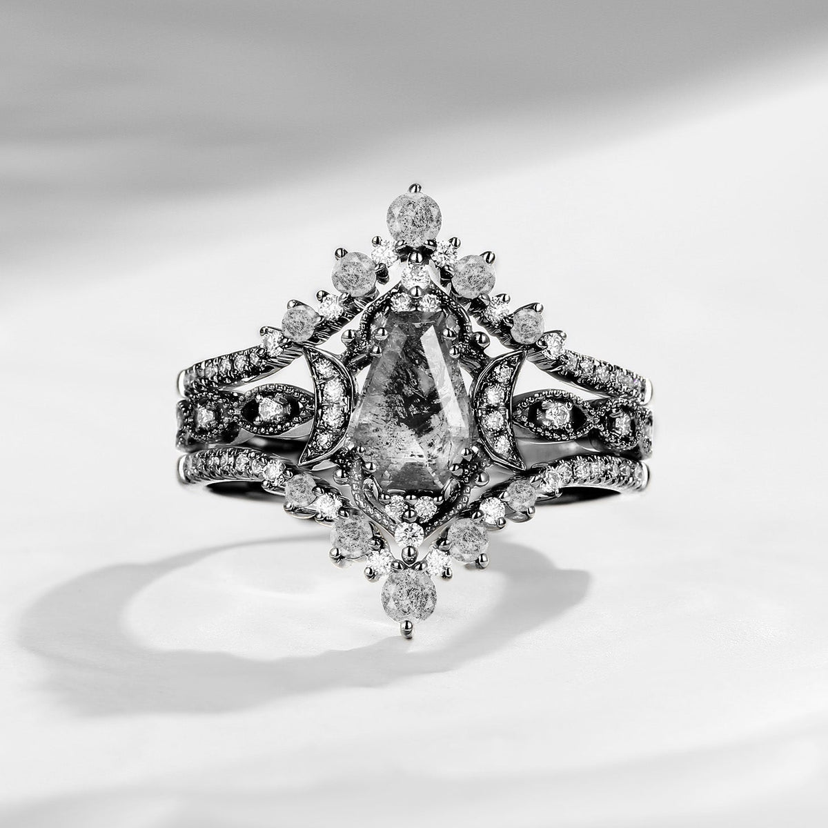 Crescent Moon | Coffin Cut Herkimer Diamond Ring 3pcs 18k - Till Death Do Us Part