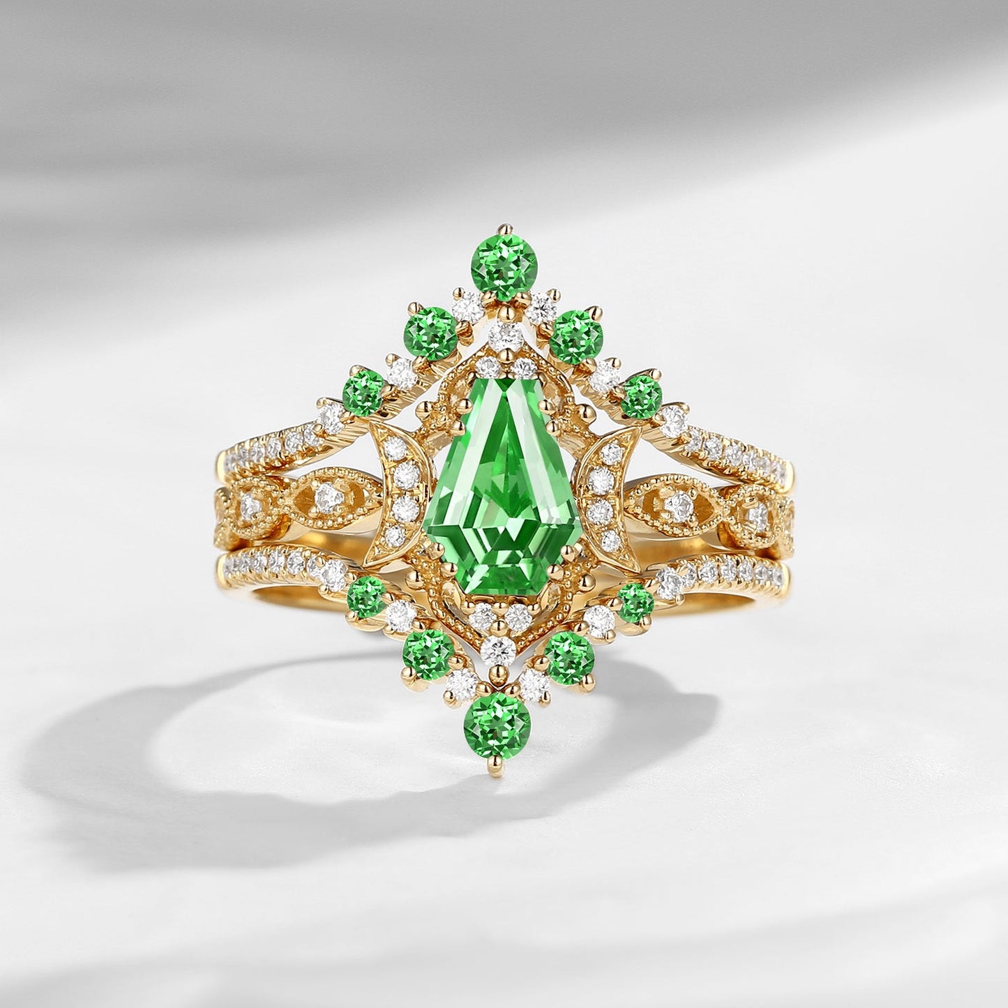 Crescent Moon | Coffin Cut Lab Tsavorite Engagement Ring Set 3pcs 18k - Till Death Do Us Part