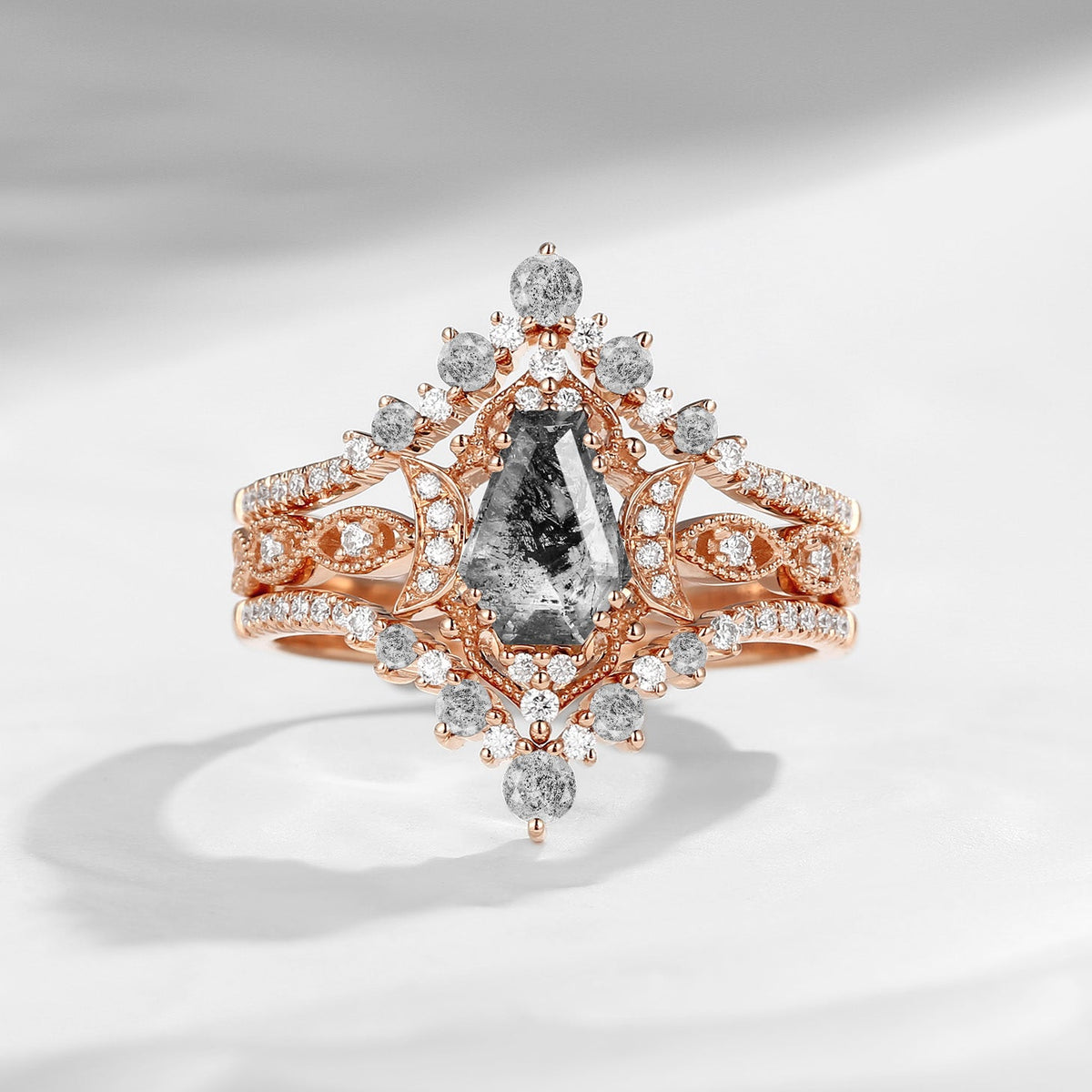 Crescent Moon | Coffin Cut Herkimer Diamond Ring 3pcs 18k - Till Death Do Us Part