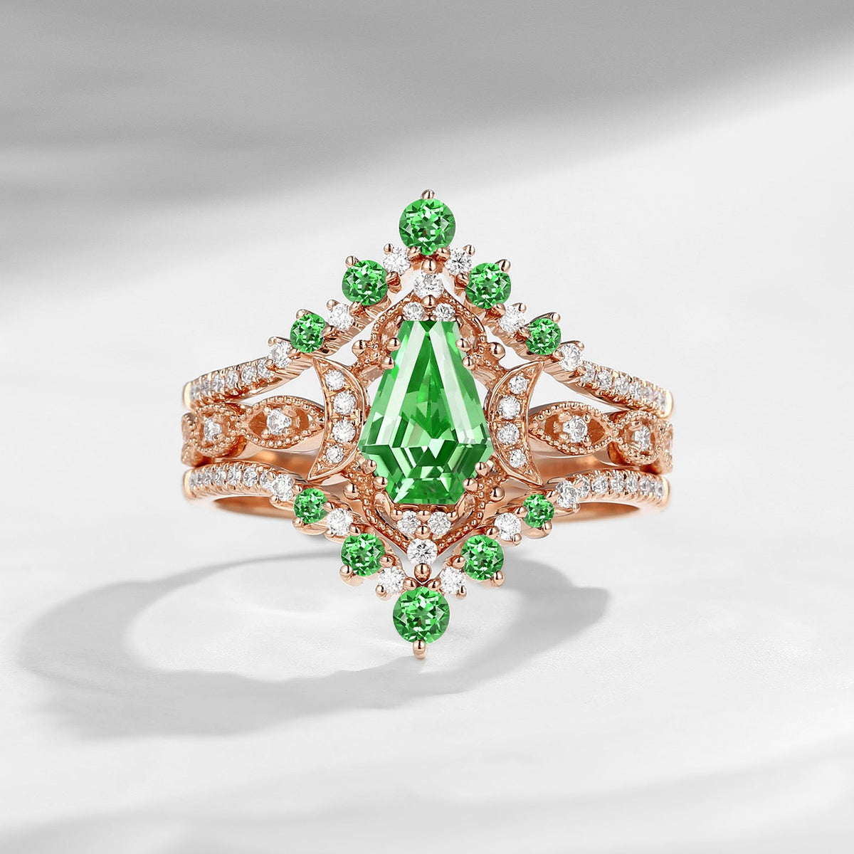 Crescent Moon | Coffin Cut Lab Tsavorite Engagement Ring Set 3pcs 18k - Till Death Do Us Part