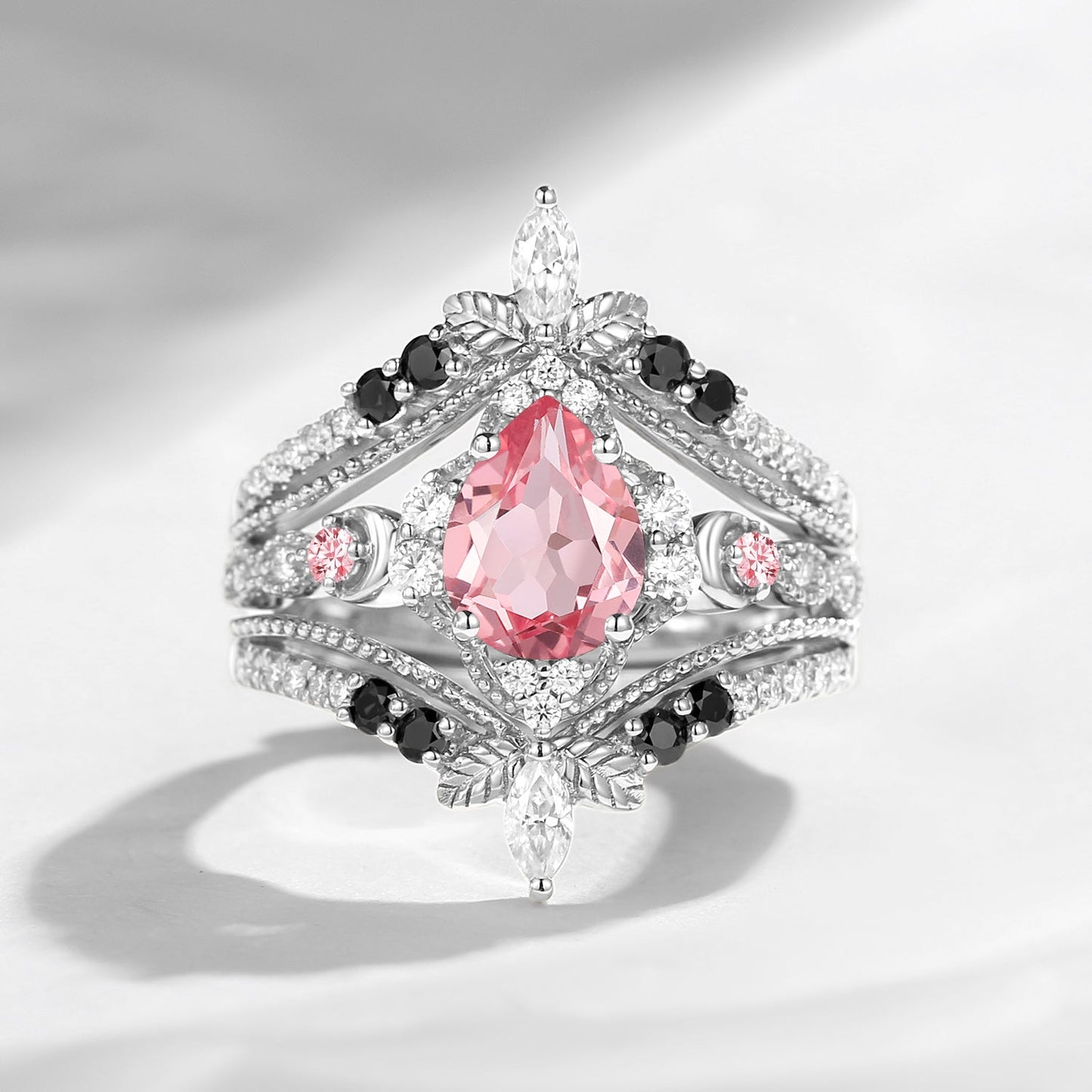 Pear Cut Vintage Inspired Lab Pink Sapphire Ring Set 2pcs - Maximalist Style Cage Ring