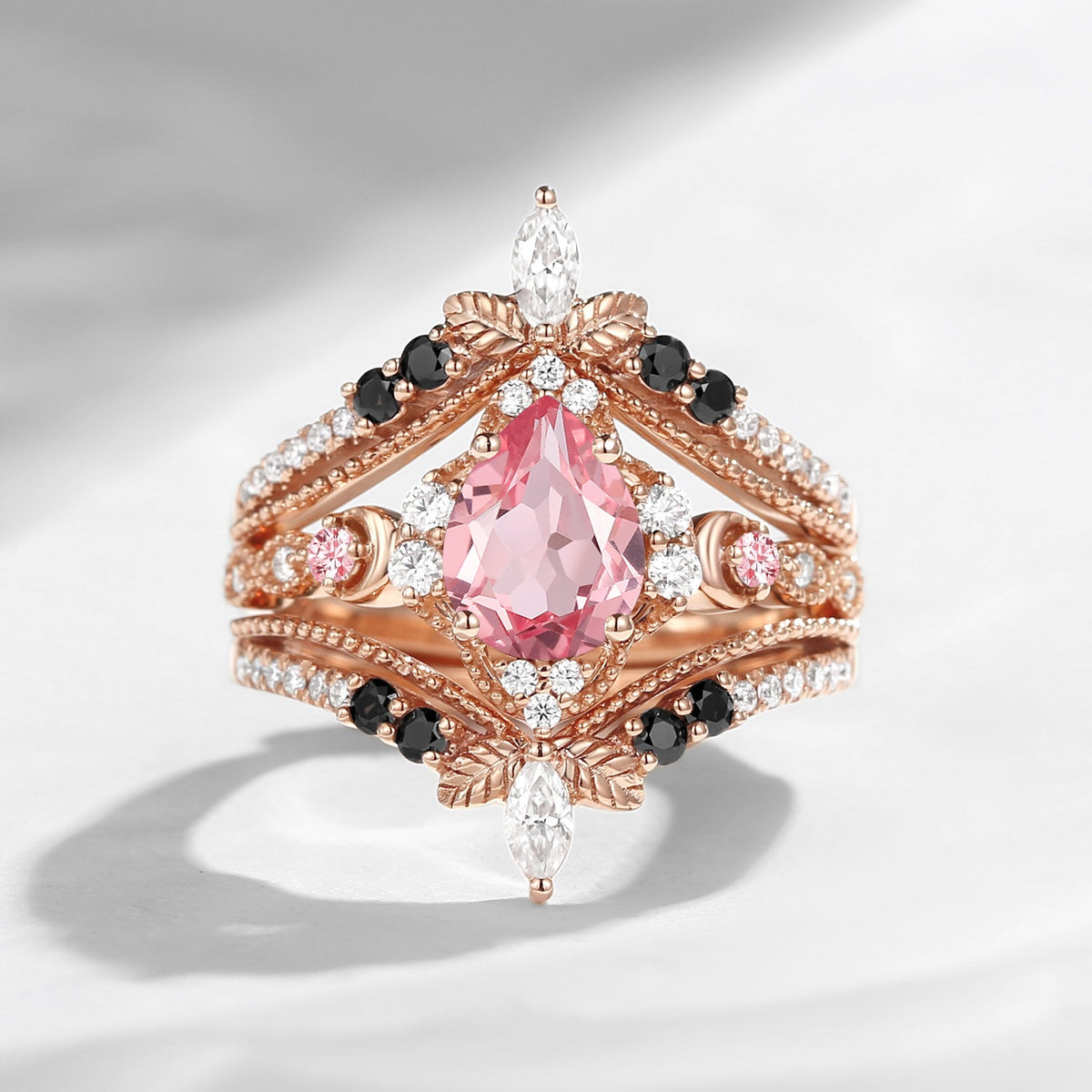 Pear Cut Vintage Inspired Lab Pink Sapphire Ring Set 2pcs - Maximalist Style Cage Ring