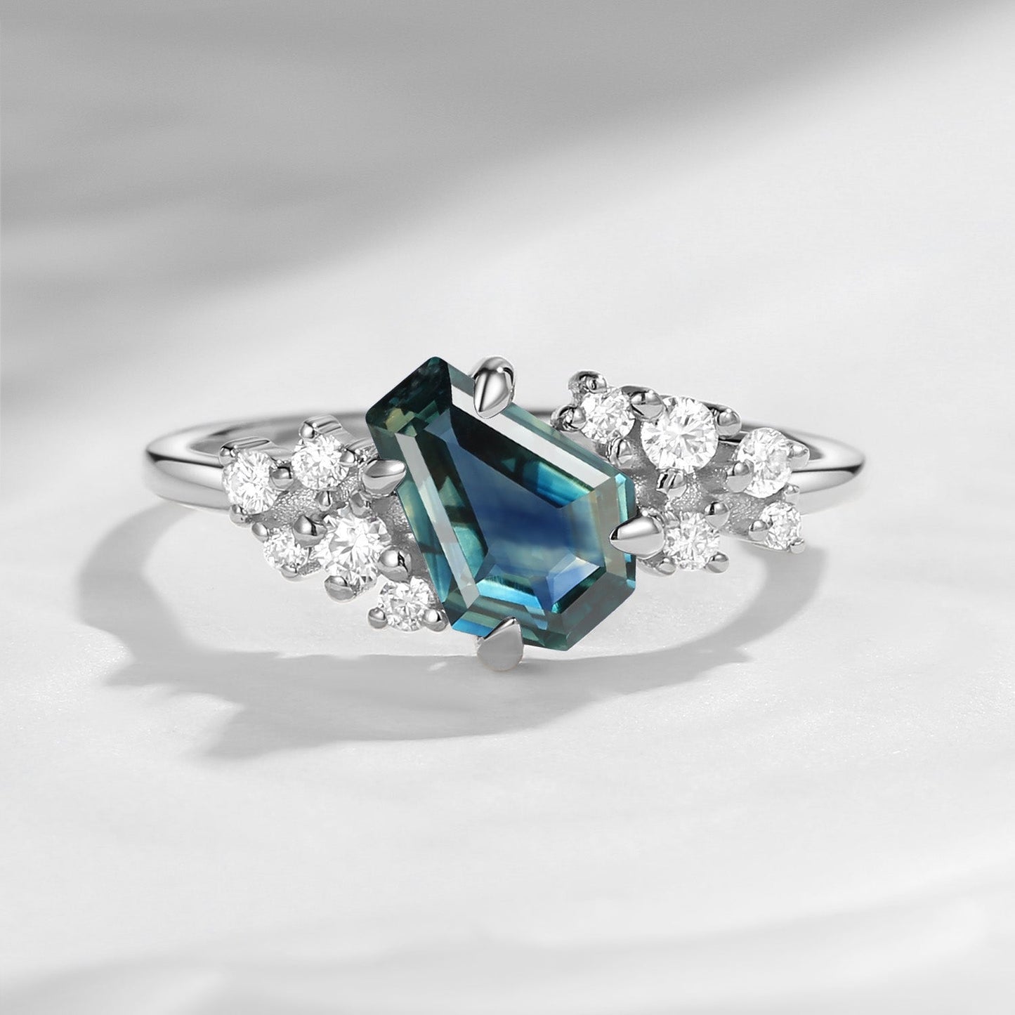 Classic Ring 'Galaxy' - Coffin Cut Natural Teal Sapphire Cluster Engagement Ring with with Diamond Accents