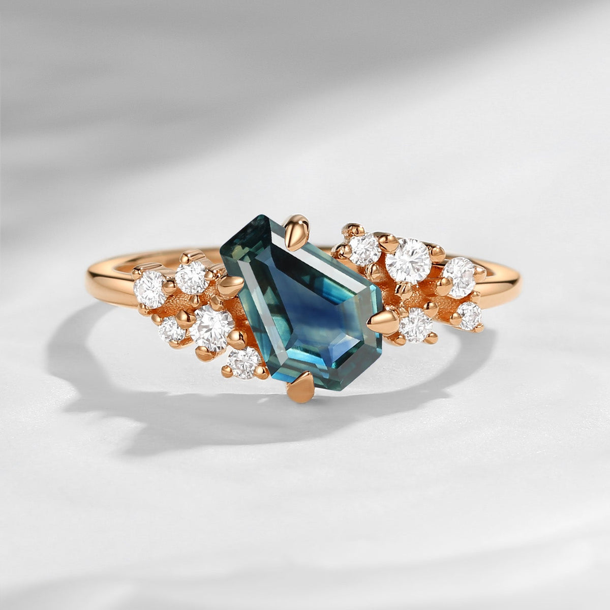 Classic Ring 'Galaxy' - Coffin Cut Natural Teal Sapphire Cluster Engagement Ring with with Diamond Accents