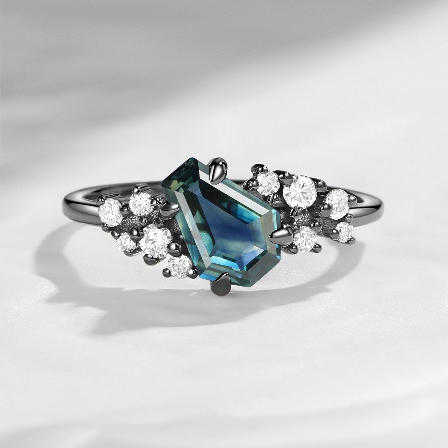 Classic Ring 'Galaxy' - Coffin Cut Natural Teal Sapphire Cluster Engagement Ring with with Diamond Accents