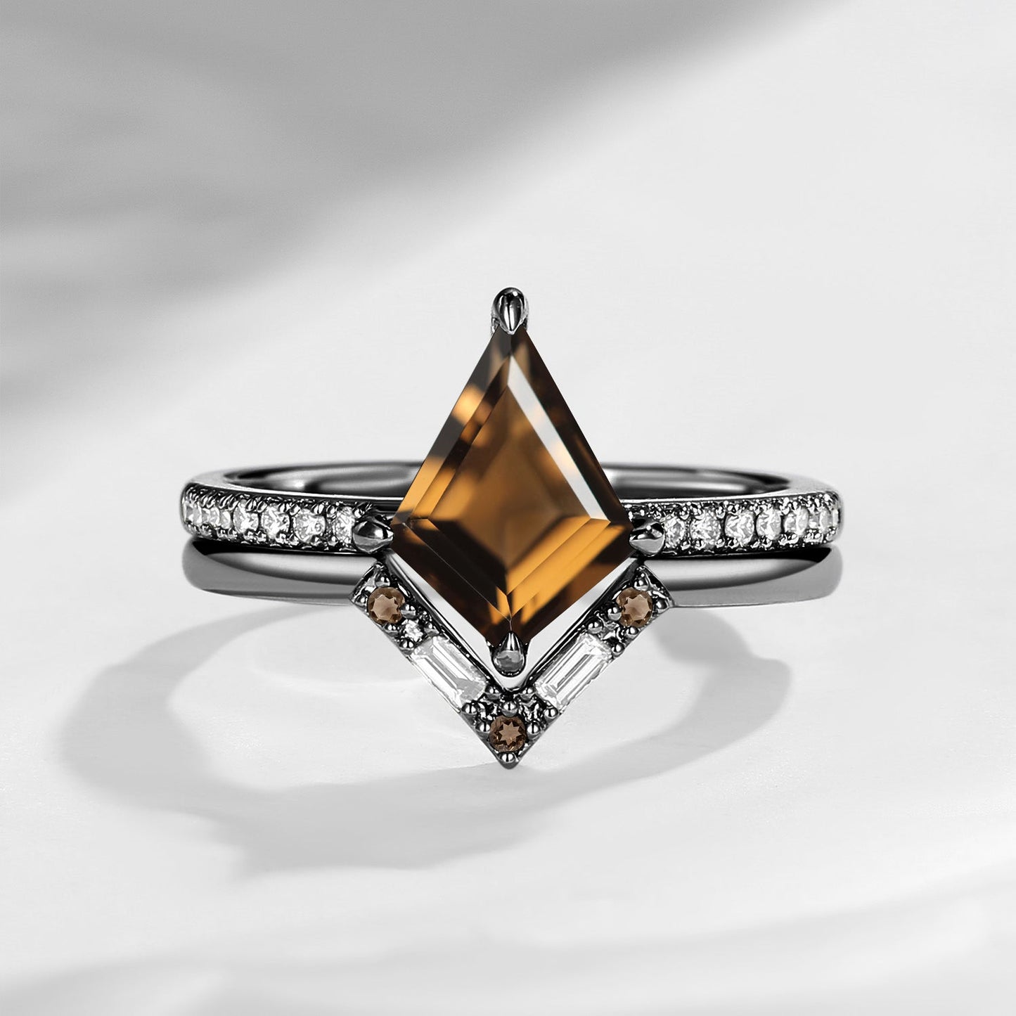 Art Deco Kite Cut Smokey Quartz Classic Engagement Ring Set 2pcs