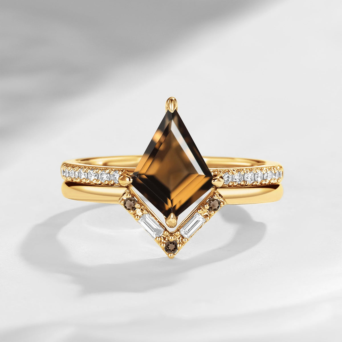 Art Deco Kite Cut Smokey Quartz Classic Engagement Ring Set 2pcs