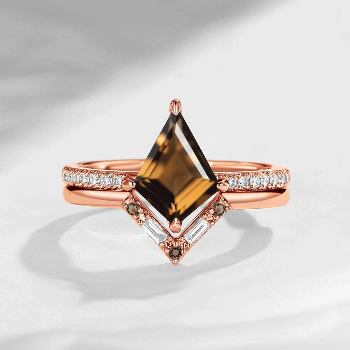 Art Deco Kite Cut Smokey Quartz Classic Engagement Ring Set 2pcs