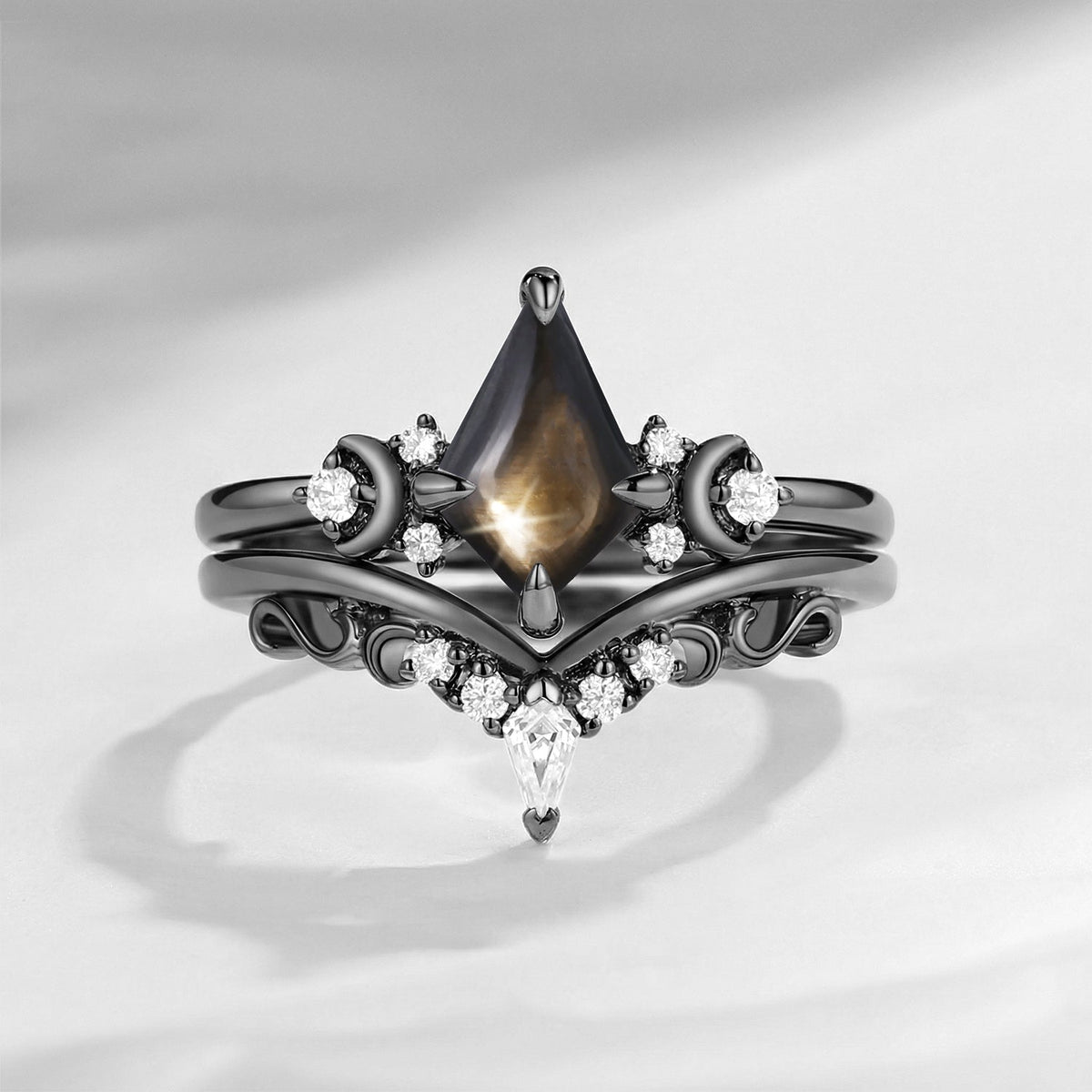Crescent Moon | Art Deco Kite Shaped Natural Black Star Sapphire Engagement Ring Set 2pcs