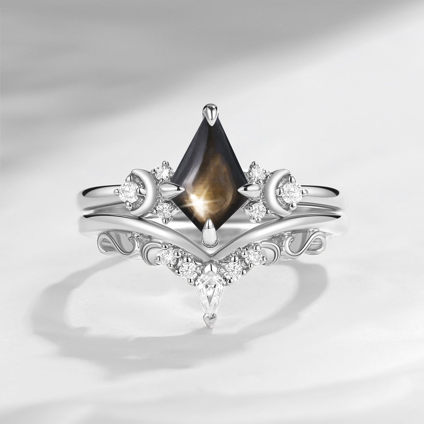 Crescent Moon | Art Deco Kite Shaped Natural Black Star Sapphire Engagement Ring Set 2pcs
