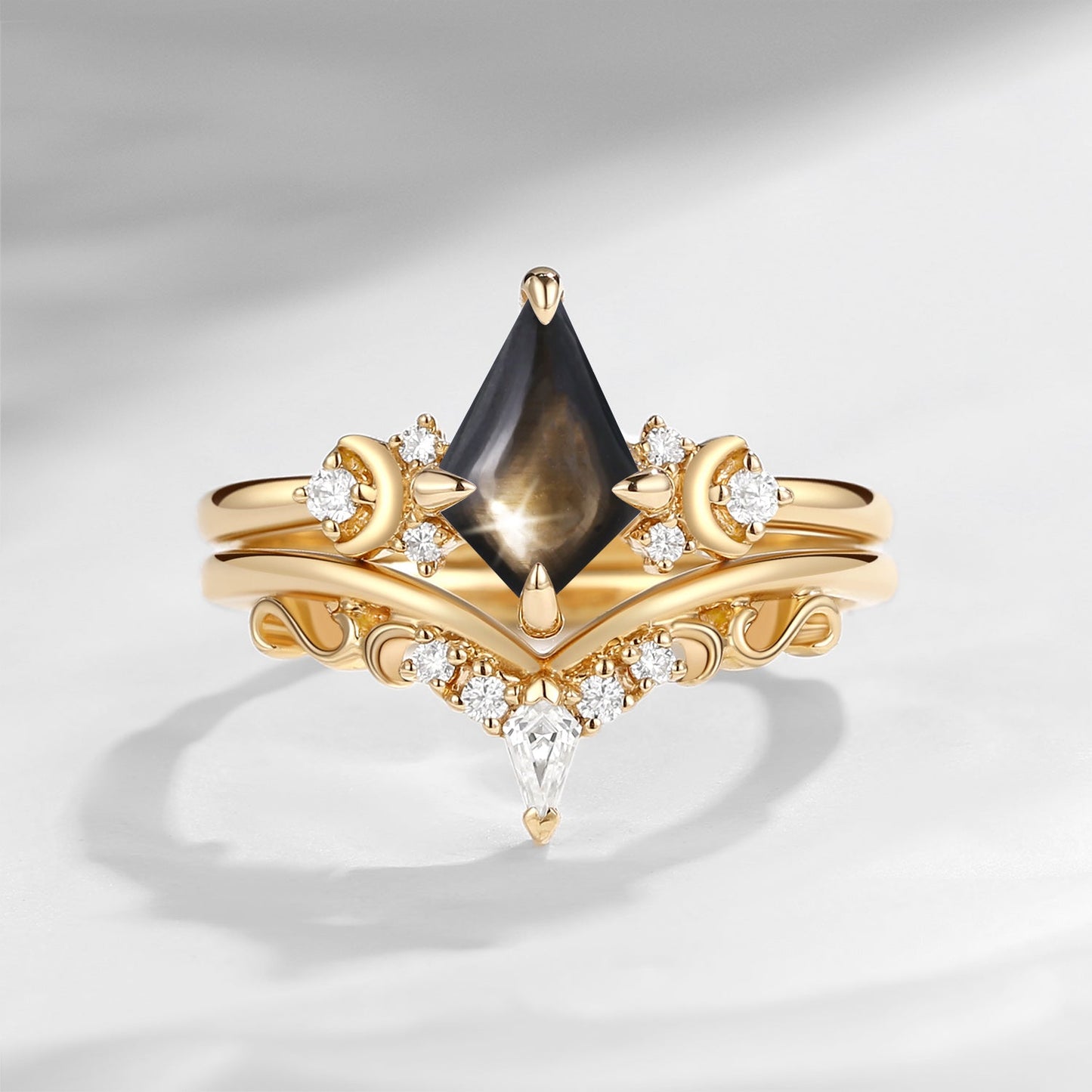 Crescent Moon | Art Deco Kite Shaped Natural Black Star Sapphire Engagement Ring Set 2pcs