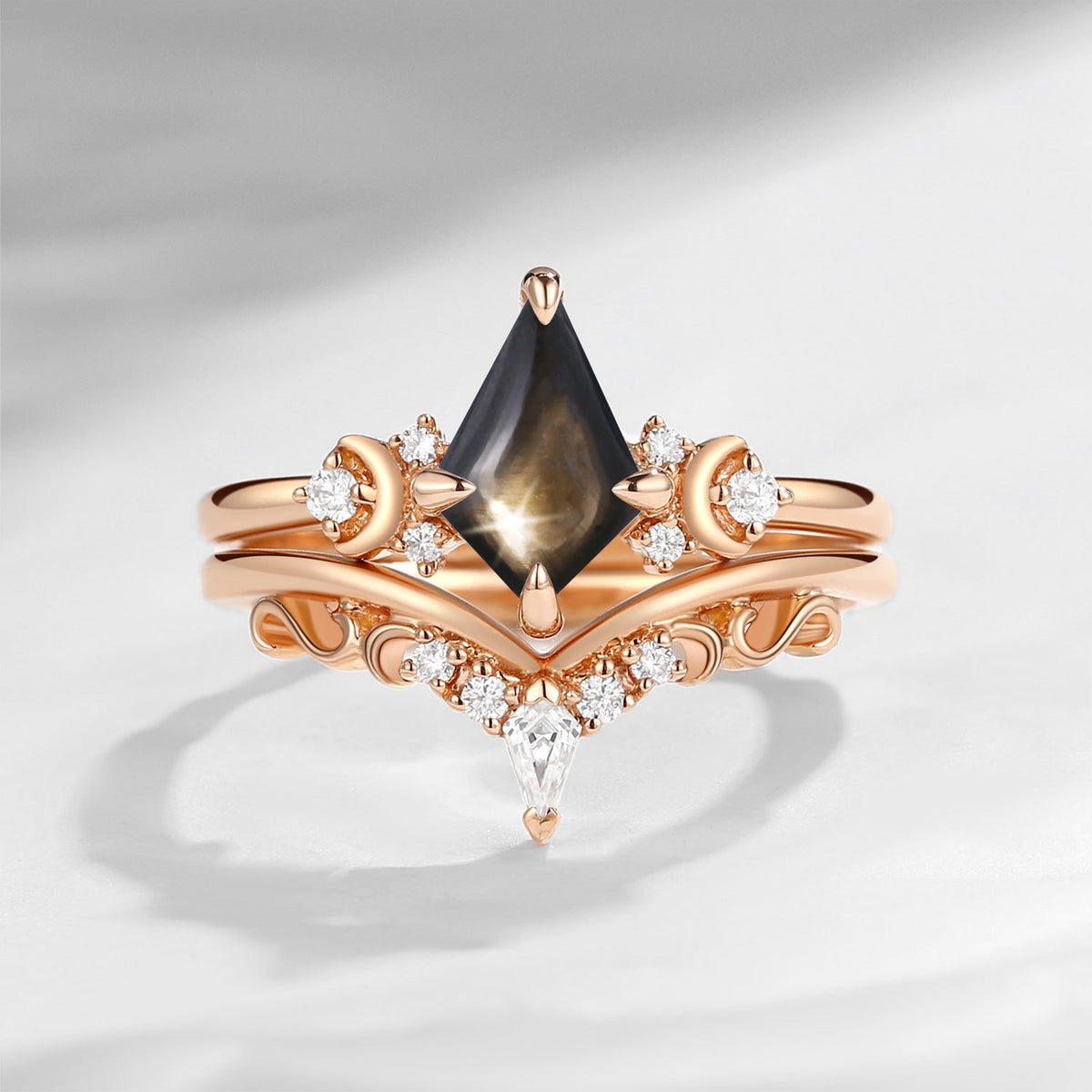 Crescent Moon | Art Deco Kite Shaped Natural Black Star Sapphire Engagement Ring Set 2pcs