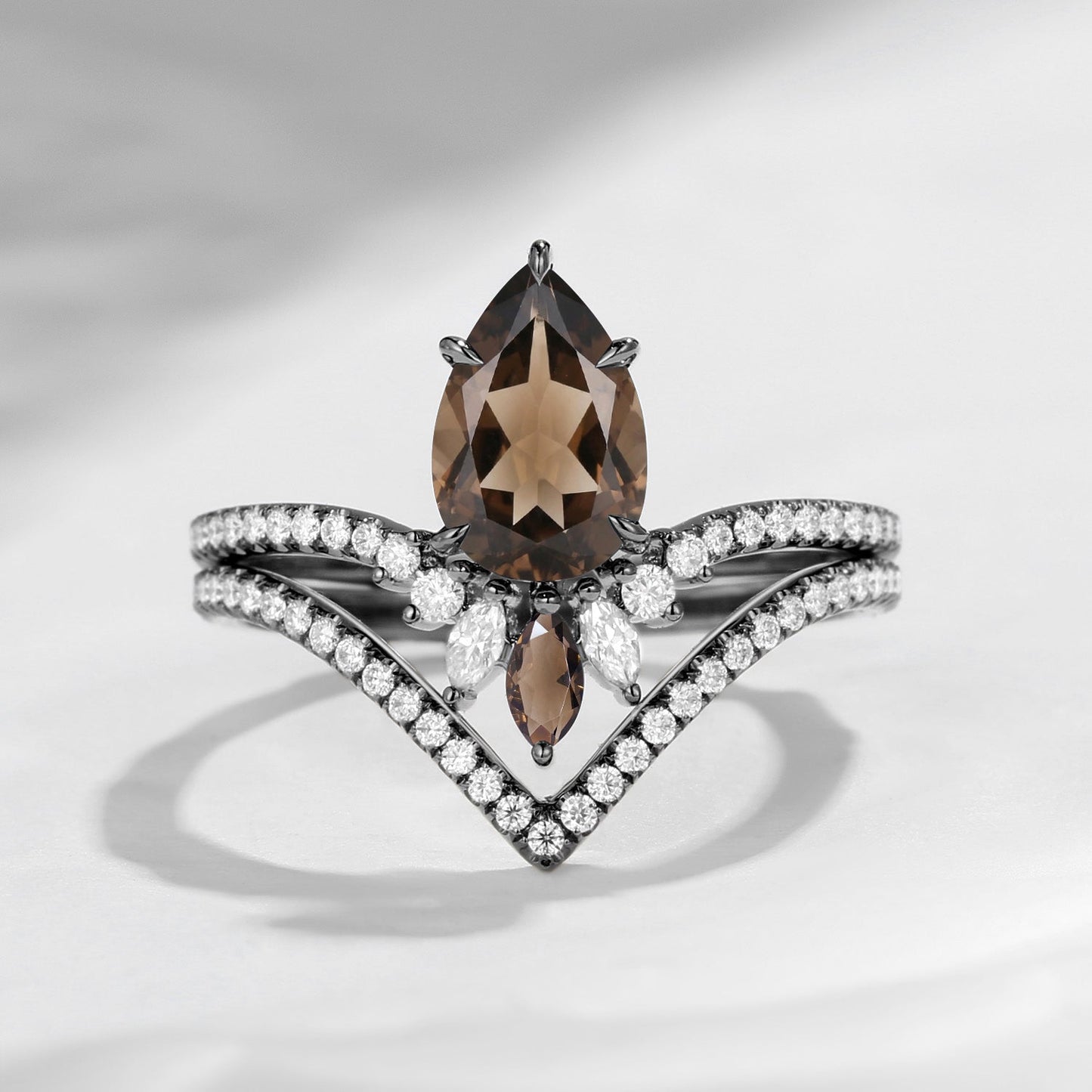 1.5ct Unique Smokey Quartz Classic Chevron Bridal Set 2pcs - Princess