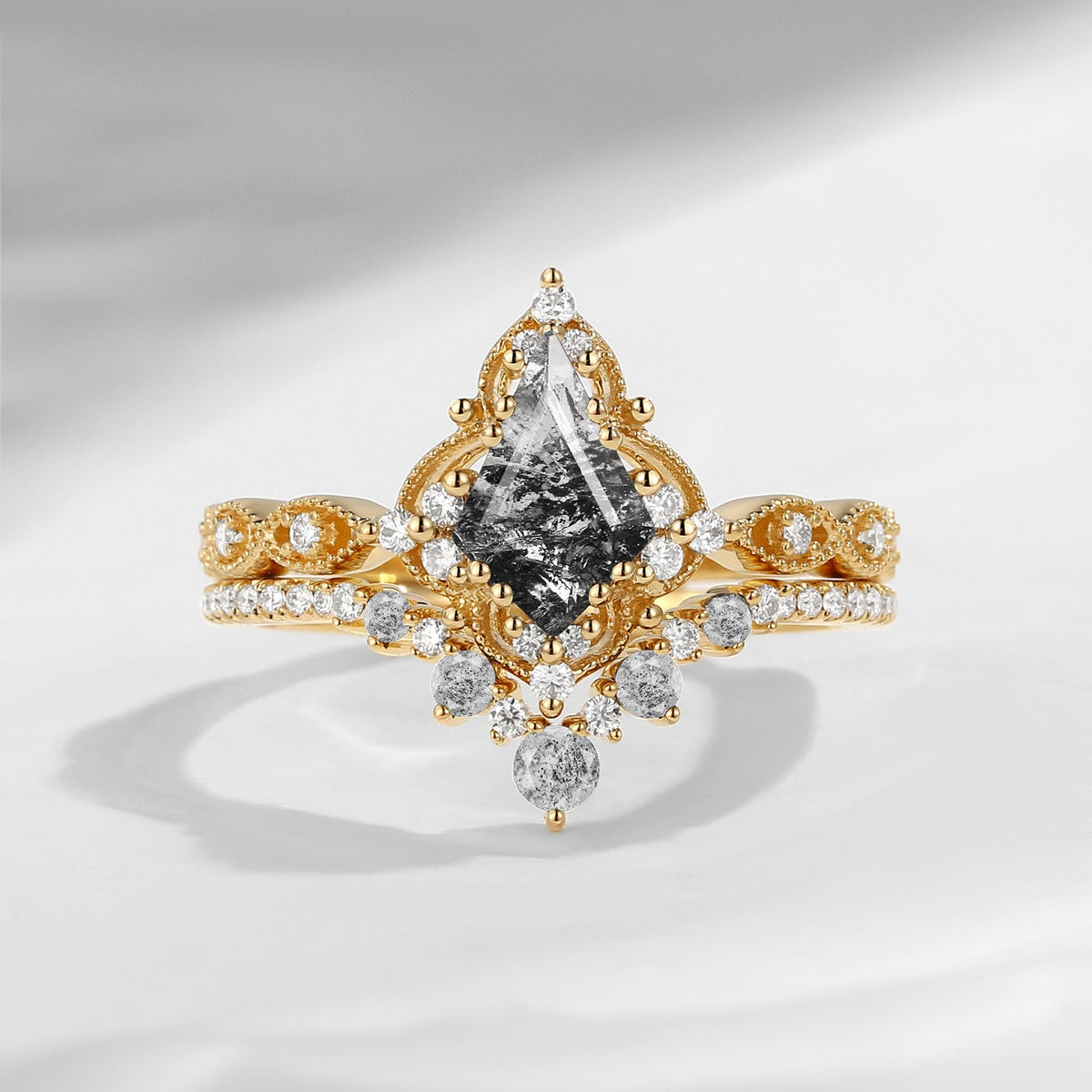 Antique Kite Cut Herkimer Diamond Engagement Ring Bridal Set 2pcs