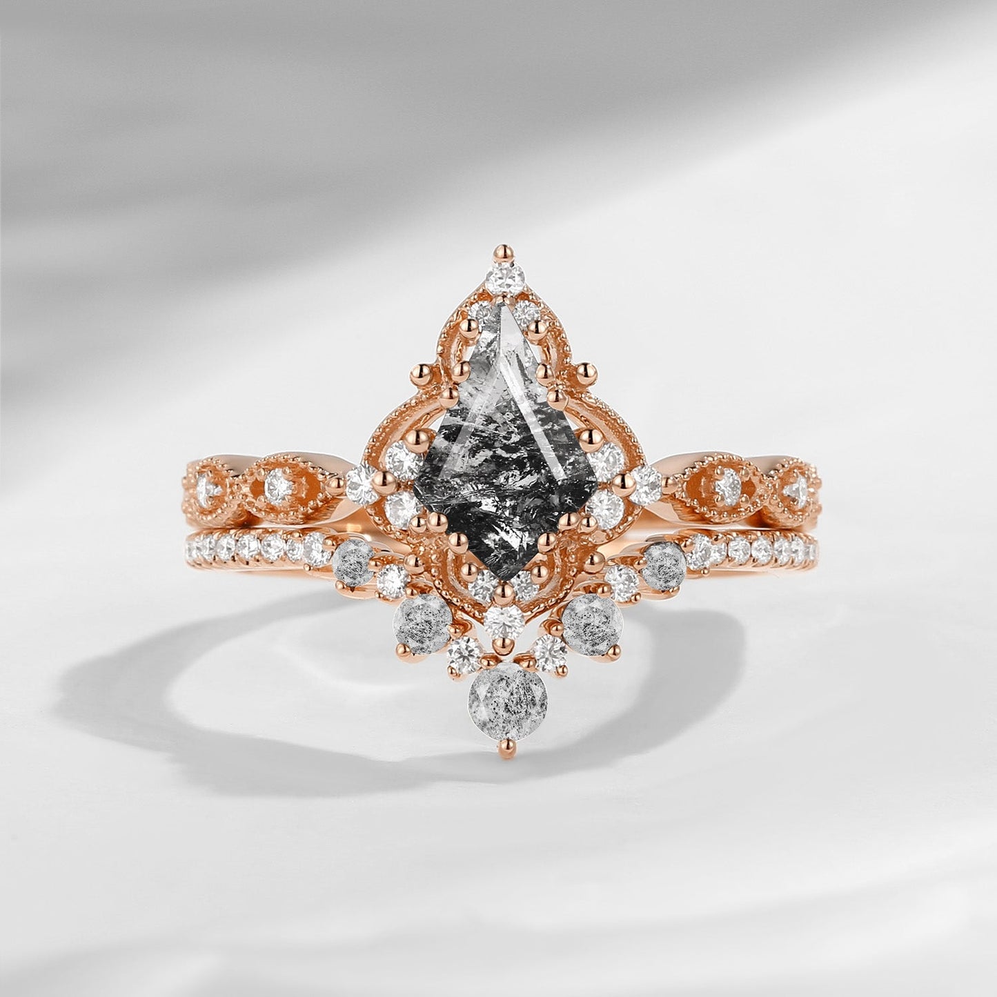 Antique Kite Cut Herkimer Diamond Engagement Ring Bridal Set 2pcs