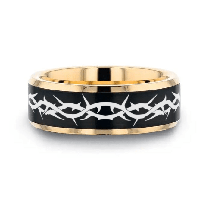 SACRED | Gold & Black Tungsten Thorn Crown Wedding Band, Beveled Edges