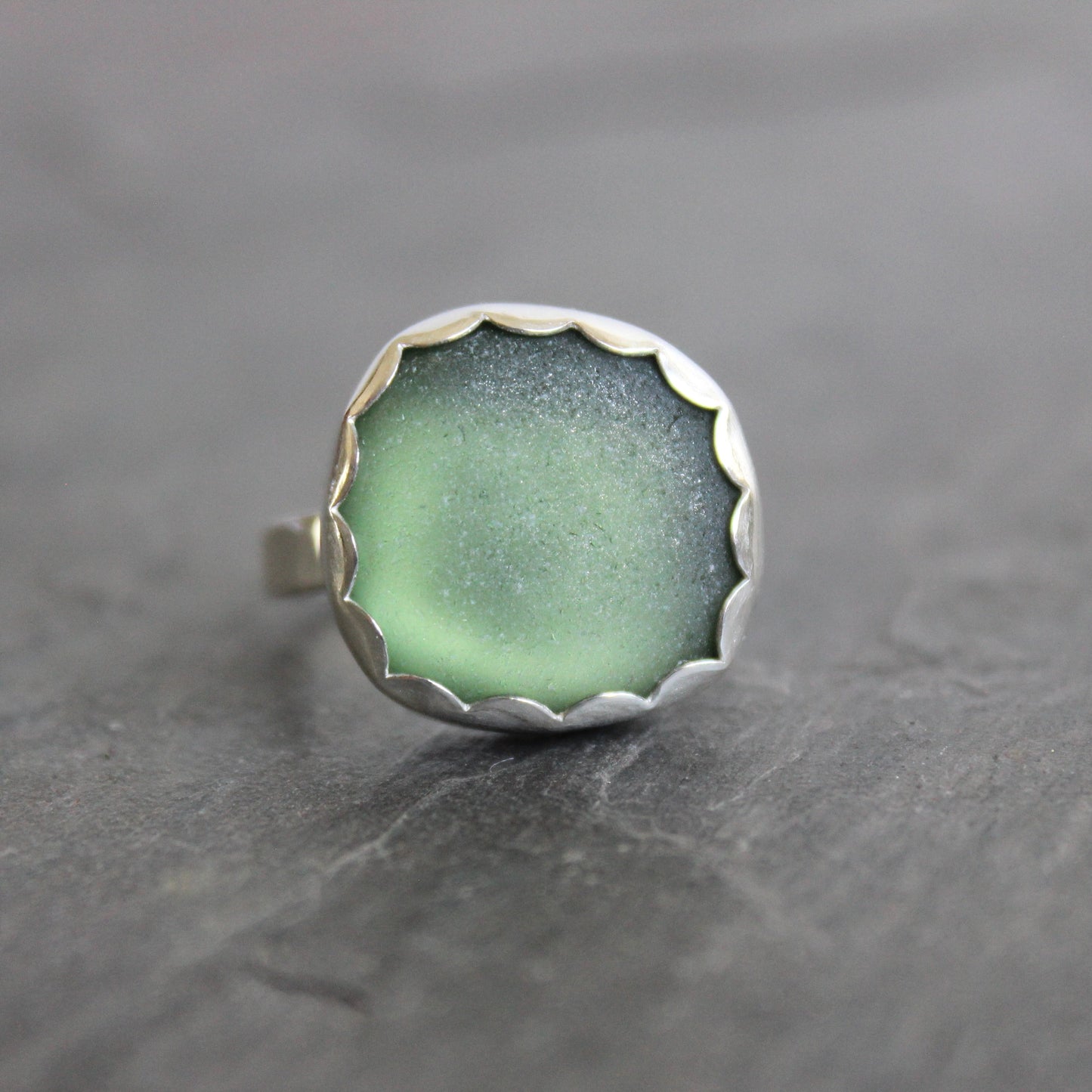 Large Sage Green Sea Glass Ring | Handmade | Sterling Silver | Size 8 ¼