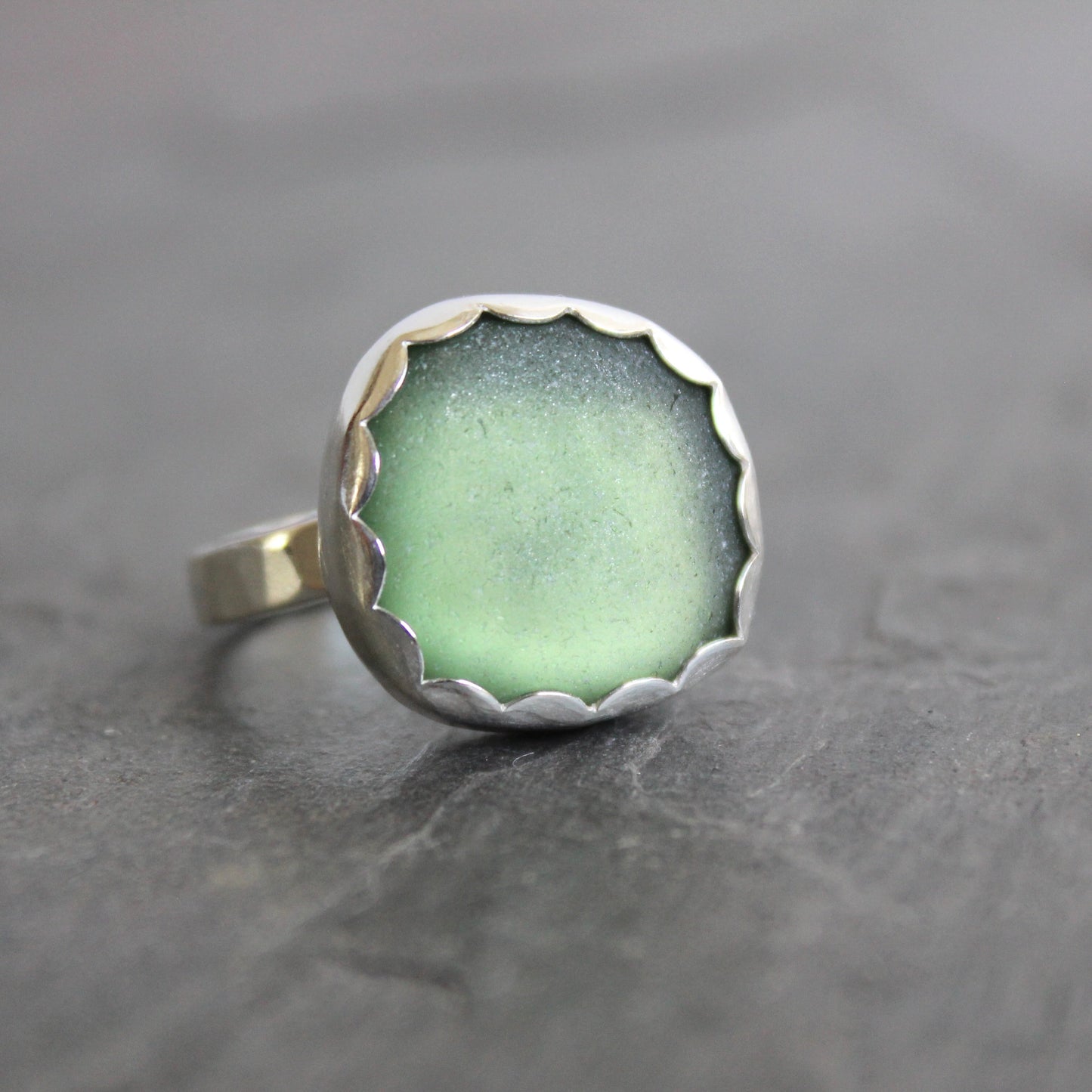 Large Sage Green Sea Glass Ring | Handmade | Sterling Silver | Size 8 ¼