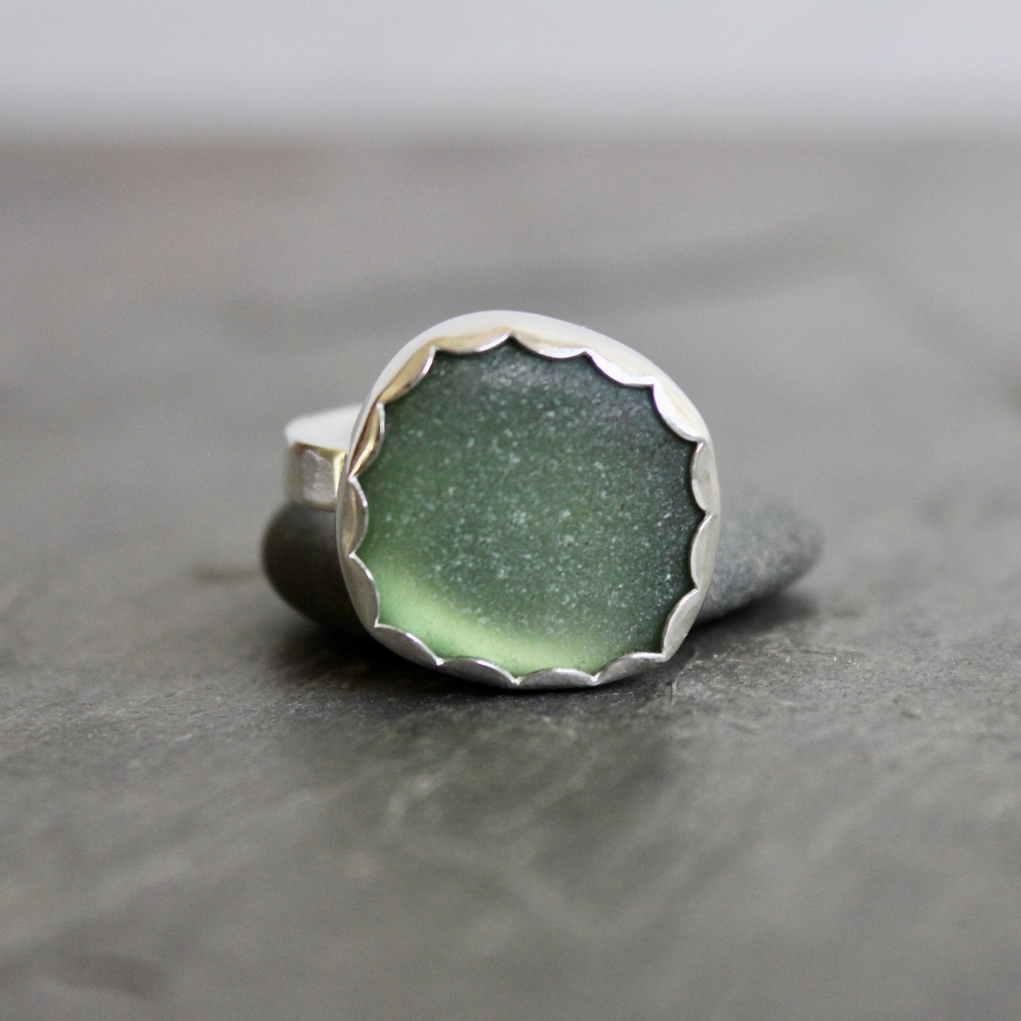 Large Sage Green Sea Glass Ring | Handmade | Sterling Silver | Size 8 ¼